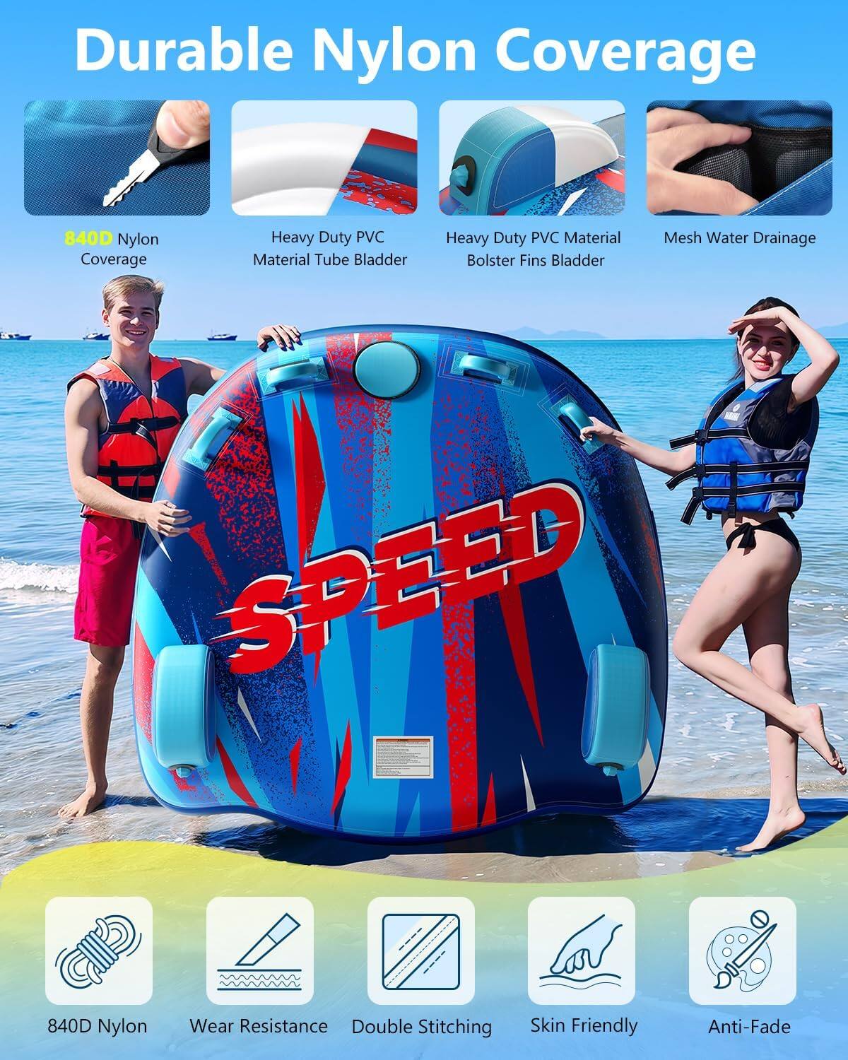 Durable Nylon Coverage: 840D Nylon Coverage, Heavy Duty PVC Material Tube Bladder, Heavy Duty PVC Material Bolster Fins Bladder, Mesh Water Drainage, SPEED, 840D Nylon Wear Resistance, Double Stitching, Skin Friendly, Anti-Fade.