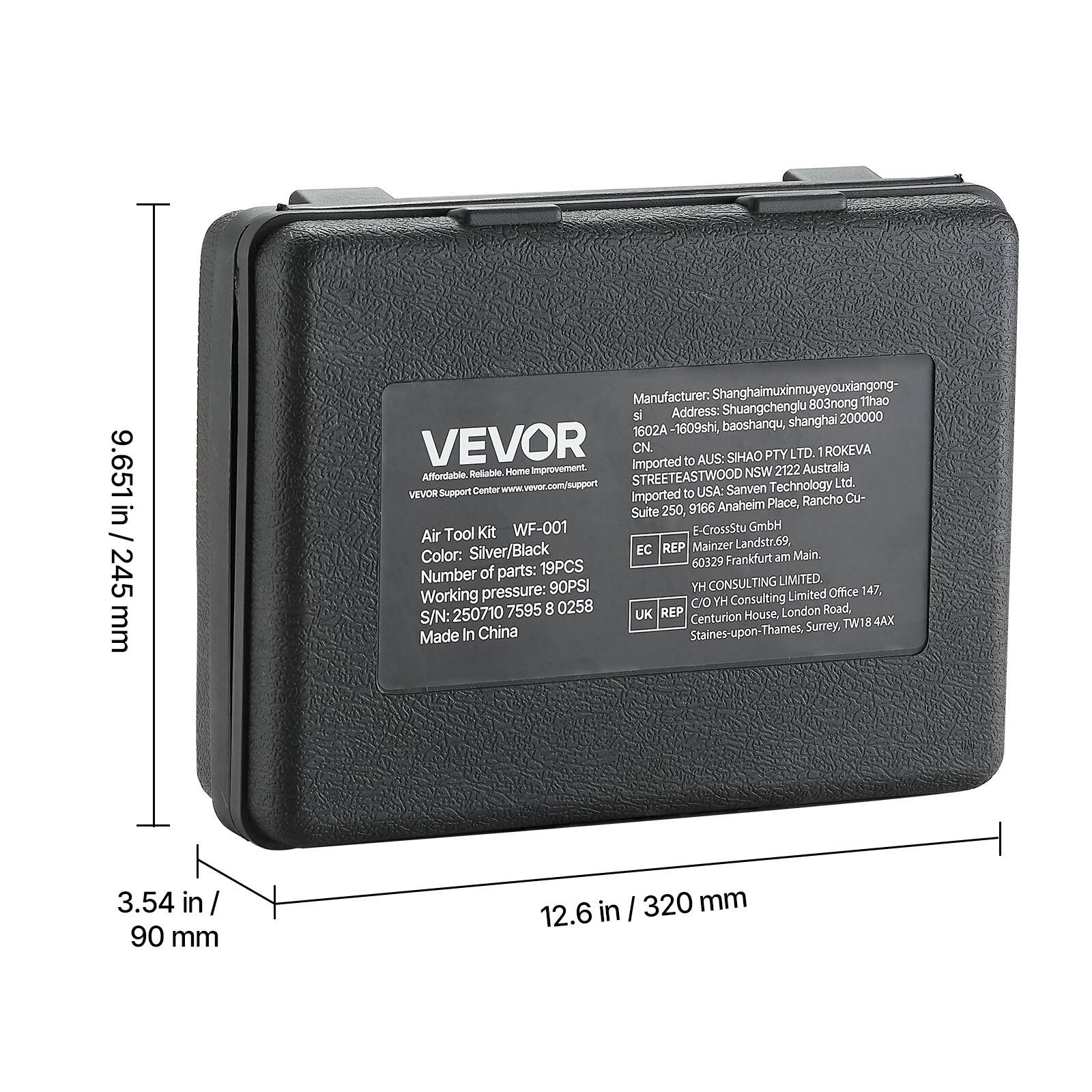 Sure, here is the corrected and grouped text:

---

**VEVOR**

Affordable. Reliable. Home Improvement.

VEVOR Support Center: www.vevor.com/support

**Air Tool Kit**  
WF-001

- **Color:** Silver/Black
- **Number of parts:** 19PCS
- **Working pressure:** 90PSI
- **S/N:** 250710 7595
- **Made in China**

---

**Manufacturer:**  
Shanghaimuxinmuyeyouxiaogongsi  
Address: 1602A-1609shi, baoshanqu, shanghai 200000

---

**Imported to AUS:**  
SIHAO PTY LTD.  
ROKEVA  
STREETEASTWOOD H  
NSW 2122 Australia

---

**Imported to USA:**  
Sanven Technology Ltd.  
Suite 250, 9166 Anaheim Place, Rancho Cu-  
E-CrossStu GmbH  
60329 Frankfurt am Main.

---

**Imported to UK:**  
HY CONSULTING LIMITED  
C/O Y