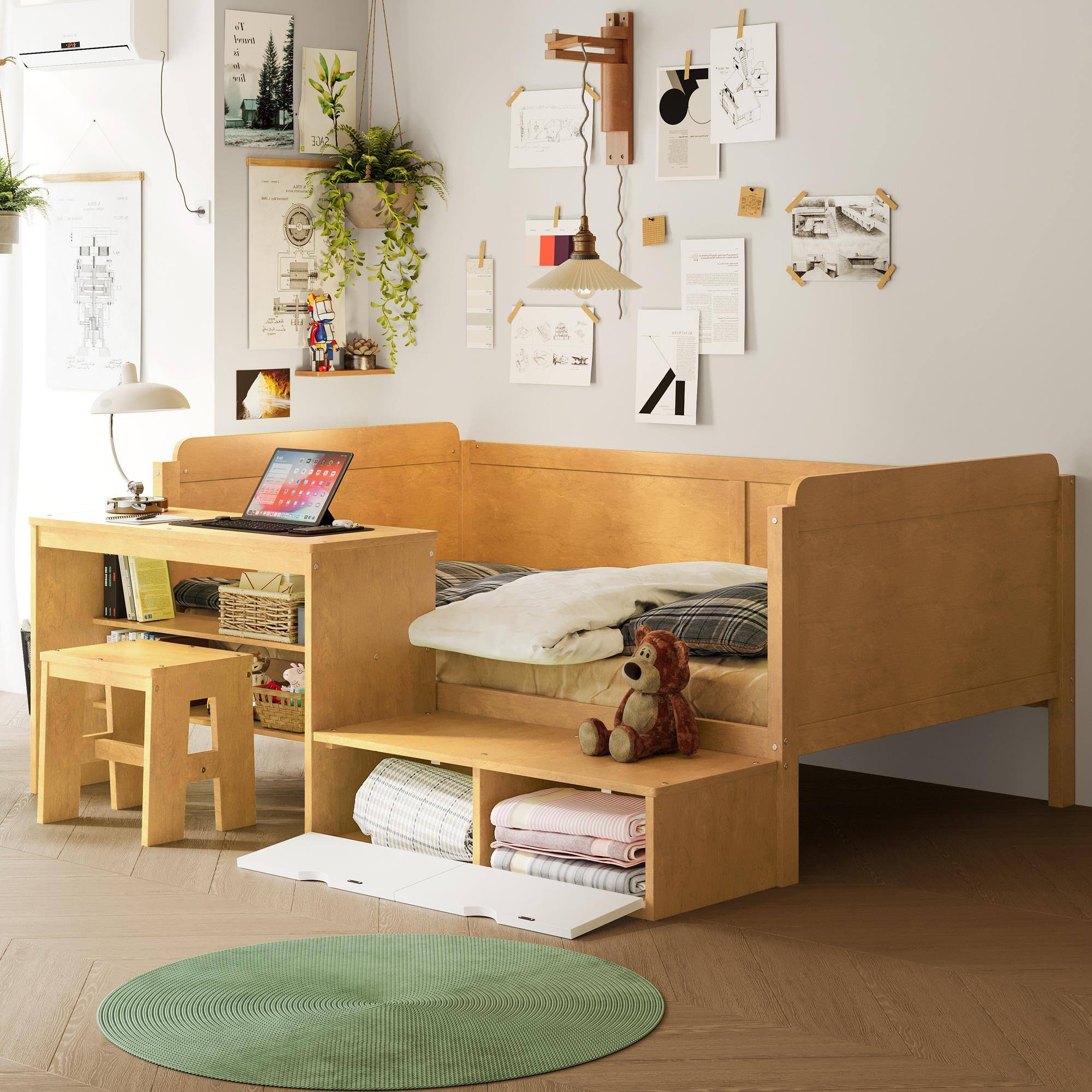 Alt View 1. APRILSOUL - Wooden Twin Size Daybed with Storage Shelves and Lockers Multi-functional Bed with Study Desk and Matching Stool Natural - Natural.