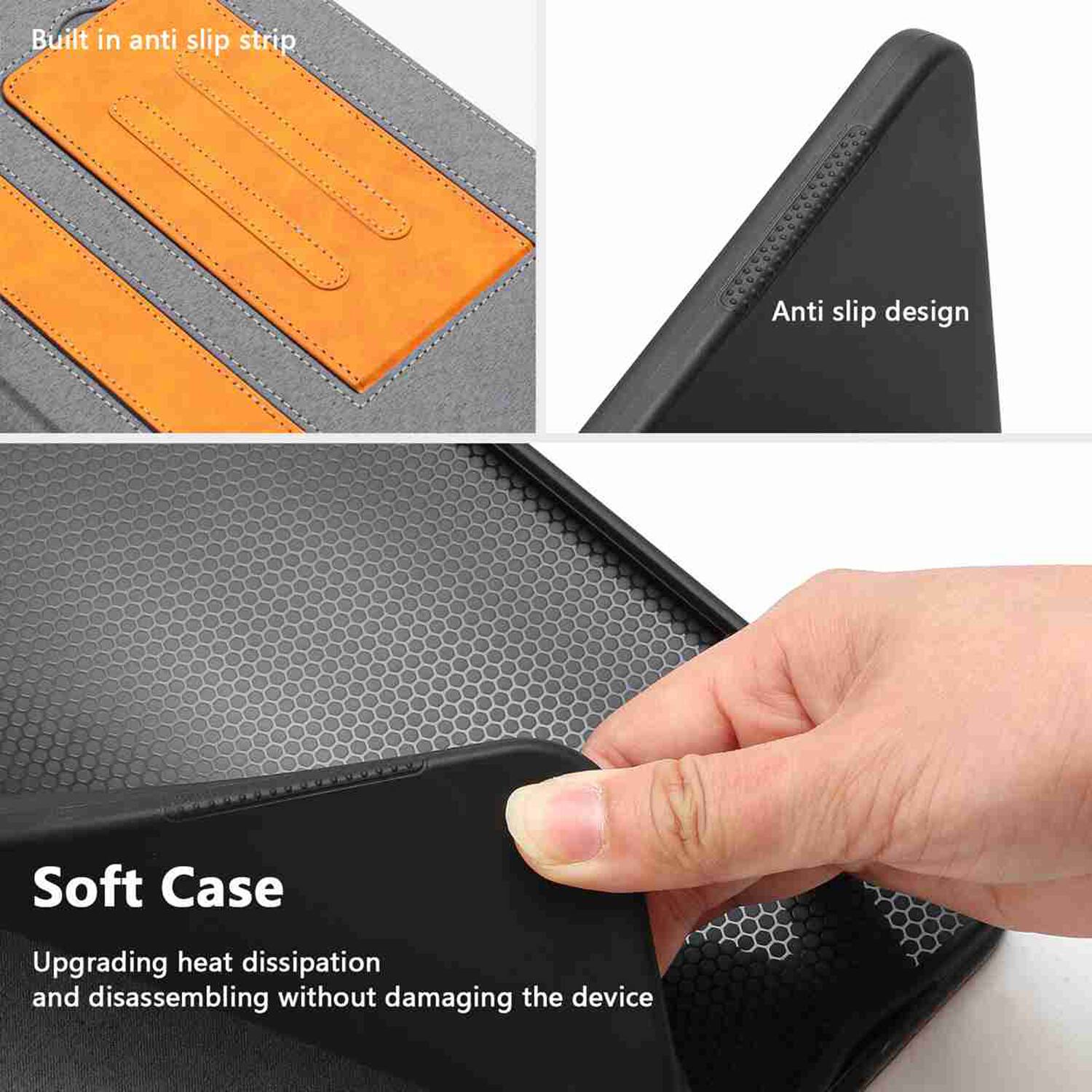 Built in anti slip strip  
Anti slip design  
Soft Case  
Upgrading heat dissipation and disassembling without damaging the device