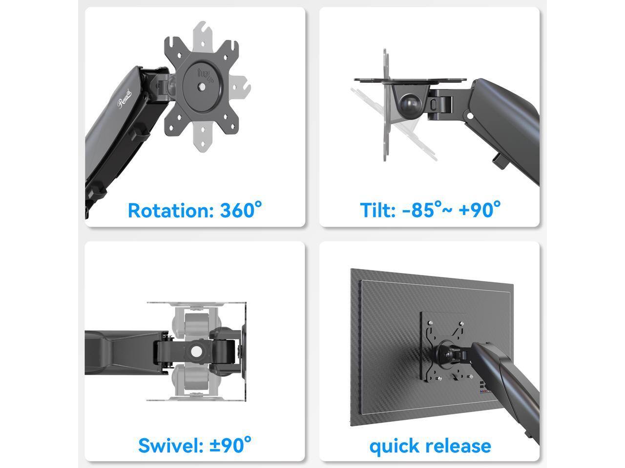 Rotation: 360°  
Tilt: -85° ~ +90°  
Swivel: ±90°  
quick release