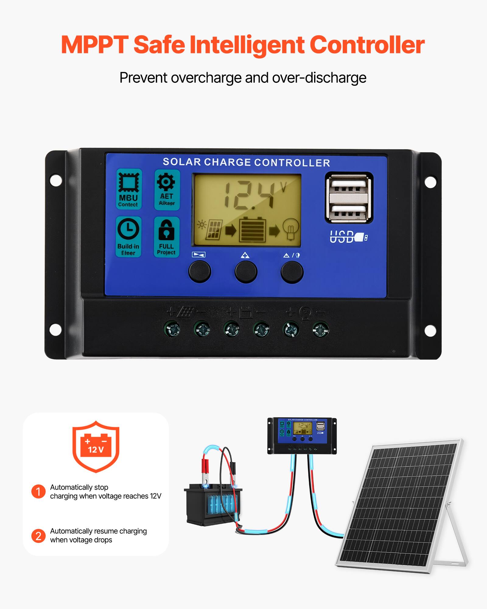 MPPT Safe Intelligent Controller  
Prevent overcharge and over-discharge  

MBU Contact  
Build-in Filter  

Aikeer AET 12.4 USB FULL Project  

Automatically stop charging when voltage reaches 12V  
Automatically resume charging when voltage drops