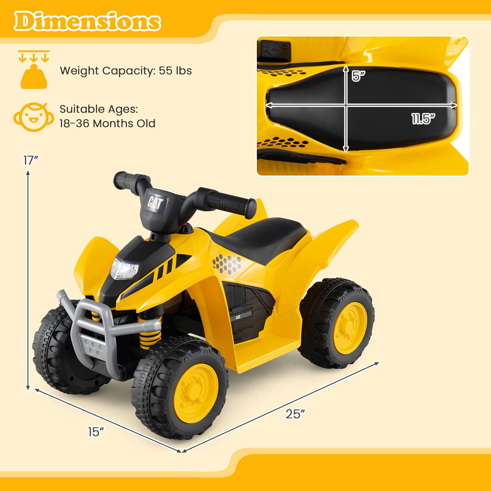 Dimensions  
Weight Capacity: 55 lbs  
Suitable Ages: 18-36 Months Old  

17"  
15"  
25"  

5"  
11.5"