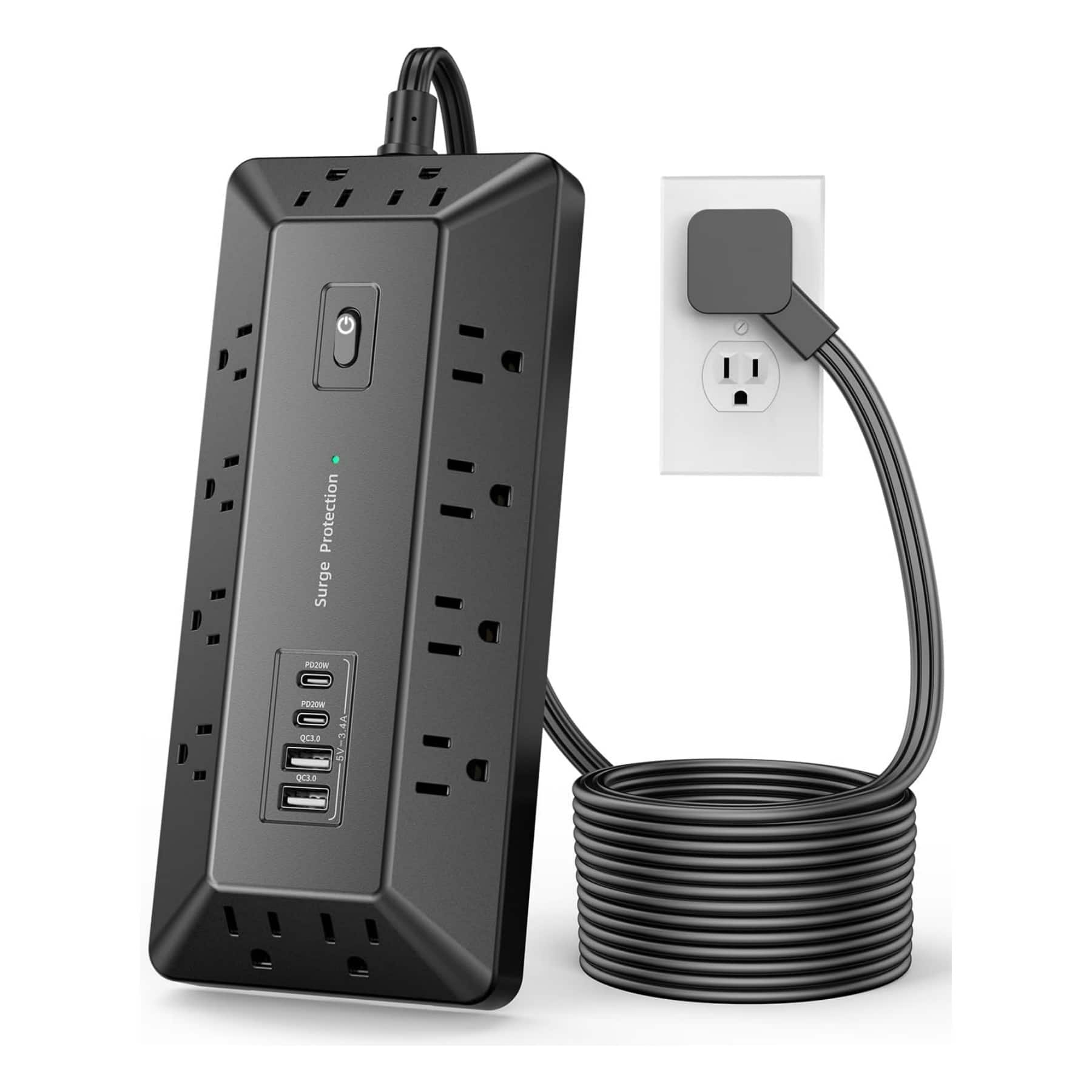 Dazzed Corner - Surge Protector Power Strip, 6ft Extension, USB (PD 20W), Flat Plug Outlet Extender - Black