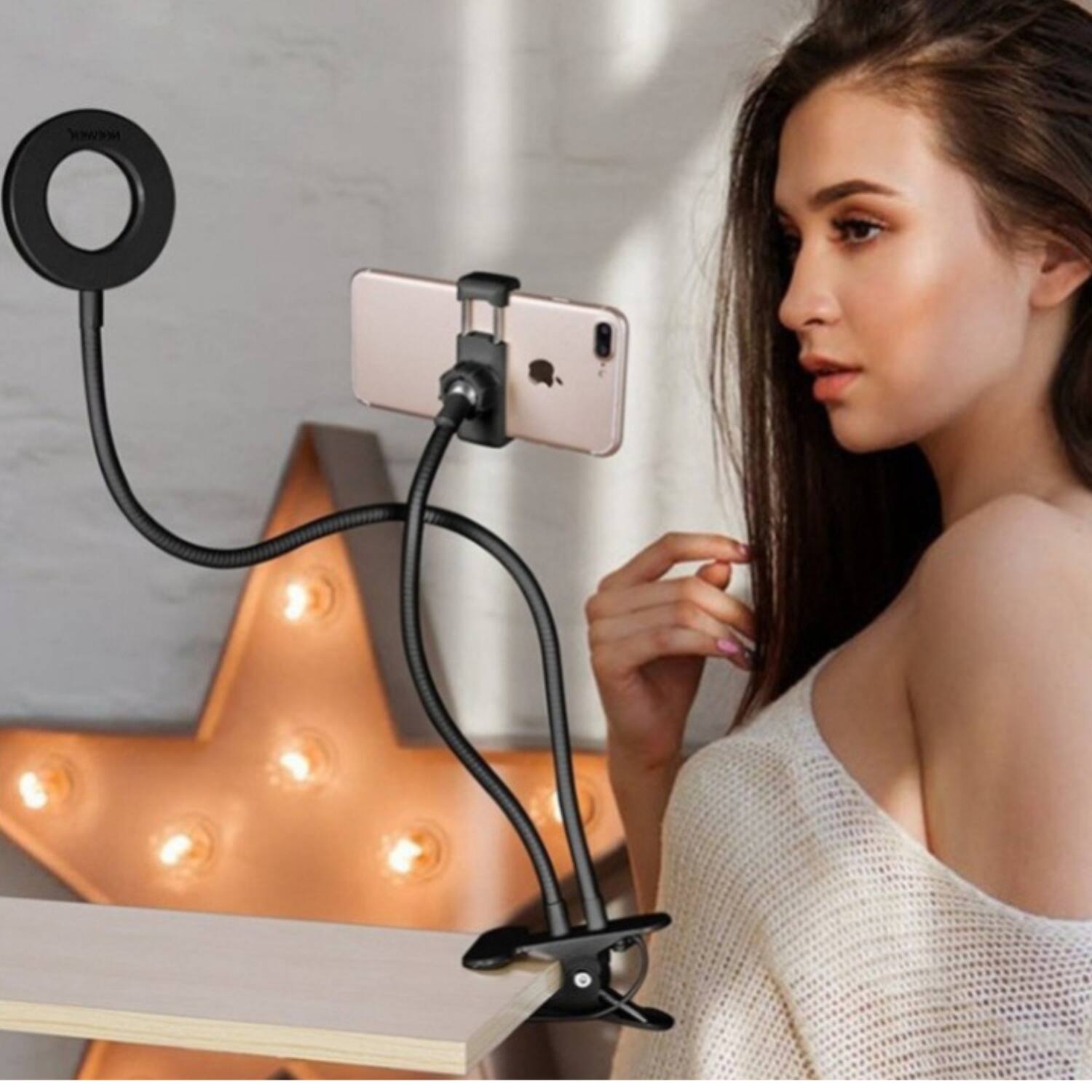 Left. Stock Preferred - LED Selfie Ring Light with Clamp & Adjustable Stand.