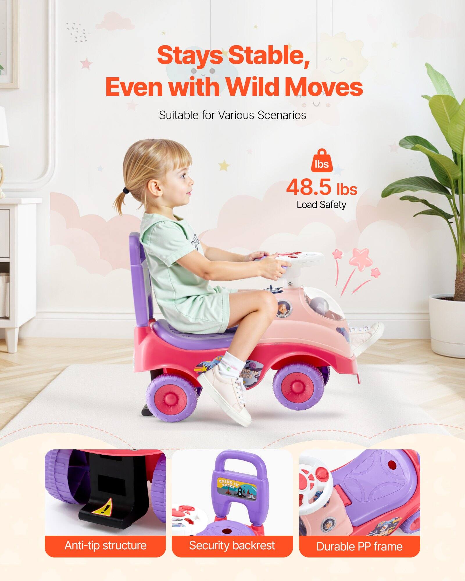 Stays Stable, Even with Wild Moves  
Suitable for Various Scenarios  

48.5 lbs Load Safety  

Anti-tip structure  
Security backrest  
Durable PP frame