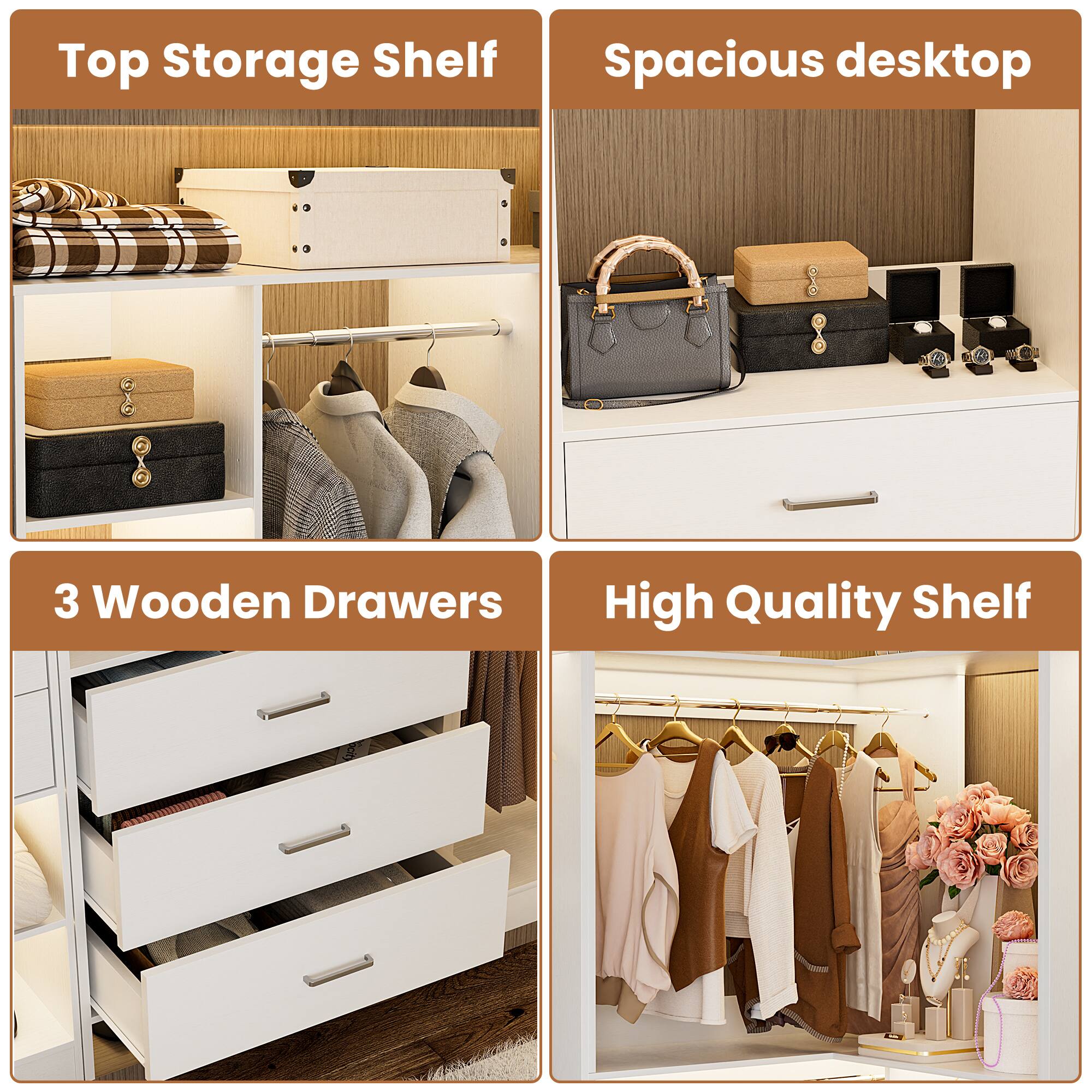 Top Storage Shelf  
Spacious desktop  
3 Wooden Drawers  
High Quality Shelf