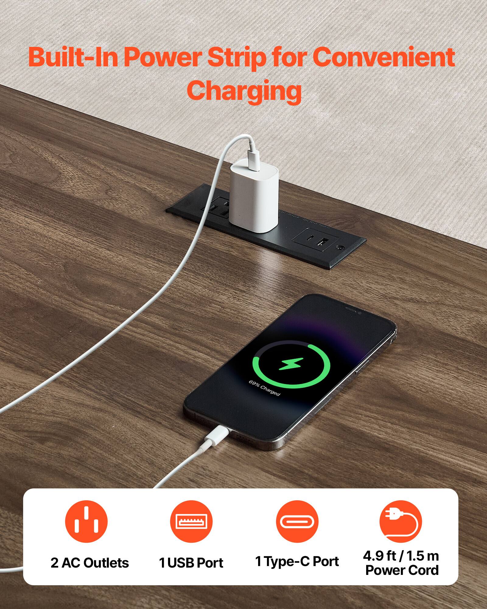 Built-In Power Strip for Convenient Charging

- 2 AC Outlets
- 1 USB Port
- 1 Type-C Port
- 4.9 ft / 1.5 m Power Cord