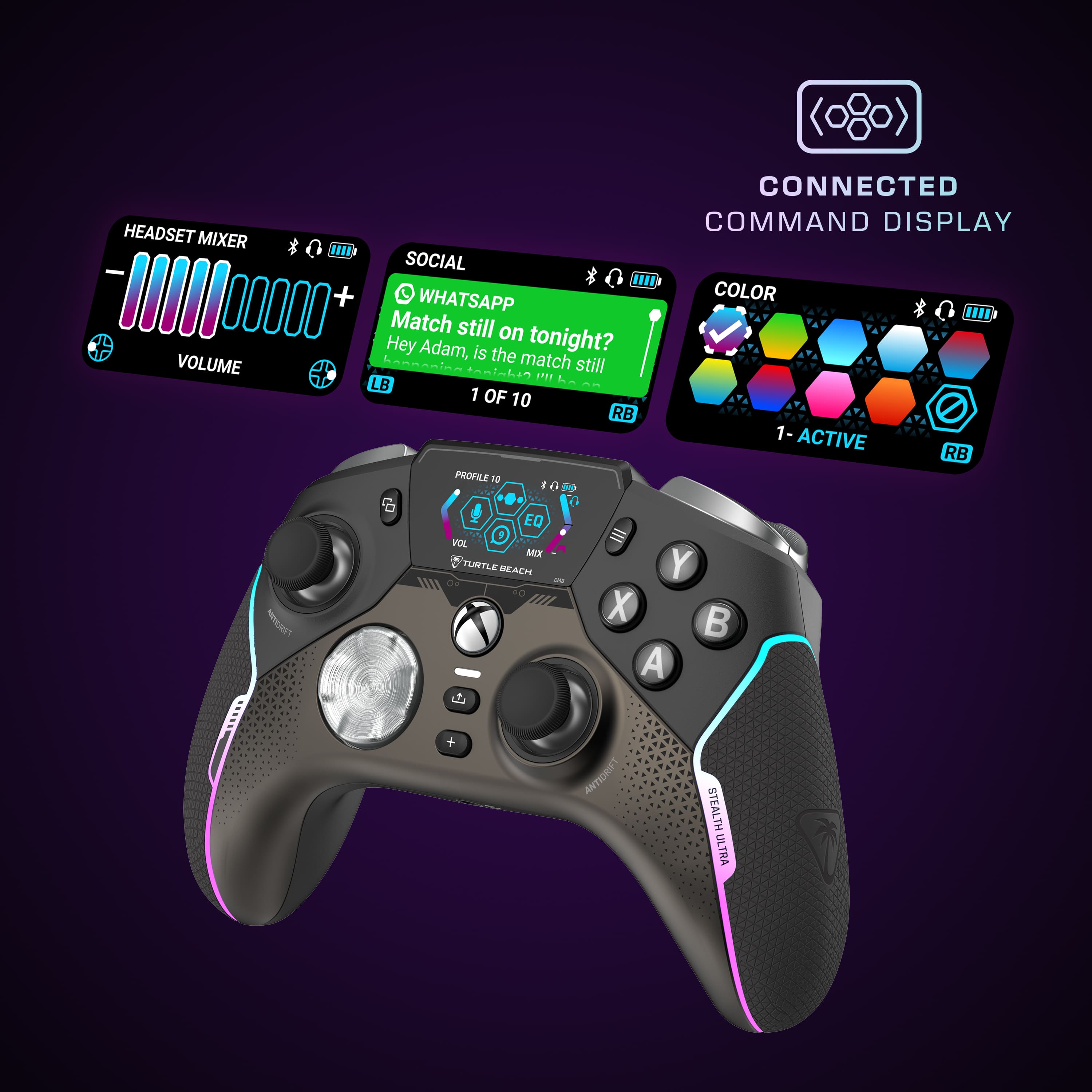 The text on the image is grouped and corrected as follows:
1. Connected Command Display: This is a display for a connected device, likely a video game controller.
2. Headset Mixer II: This is a headset mixer, which is used to control audio levels and balance between different audio sources.
3. Social: This is a social media app, which allows users to communicate and share content with friends and followers.
4. Color: This is a color-related app, which may be used for color-based tasks or creative projects.
5. Match still on: This is a message asking if a match is still on, possibly referring to an online gaming session or a sports event.
6. Hey Adam, is the tonight?: This is a message asking if someone is available for an event or gathering tonight.
7. Volume: This is a setting for controlling the volume of audio output from the device.
8. Match still on: This is a message confirming that the match is still on, likely referring to an online gaming session or a sports event.
9. Padainat PT LB 1 OF 10: This is a message indicating that there are 10 more messages to read, possibly referring to a chat or messaging app.
10. RB 1- ACTIVE RB PROFILE 10: This is a message related to a gaming profile, possibly indicating a preferred game or setting.
11. EQ BO III BX LAVTLA MEAZE - Y LA X: This is a message related to audio settings, possibly indicating a preferred equalization or audio effect.
12. A + ANTIDRIFT STEALTH ULTRA: This is a message related to a gaming profile, possibly indicating a preferred game or setting.
