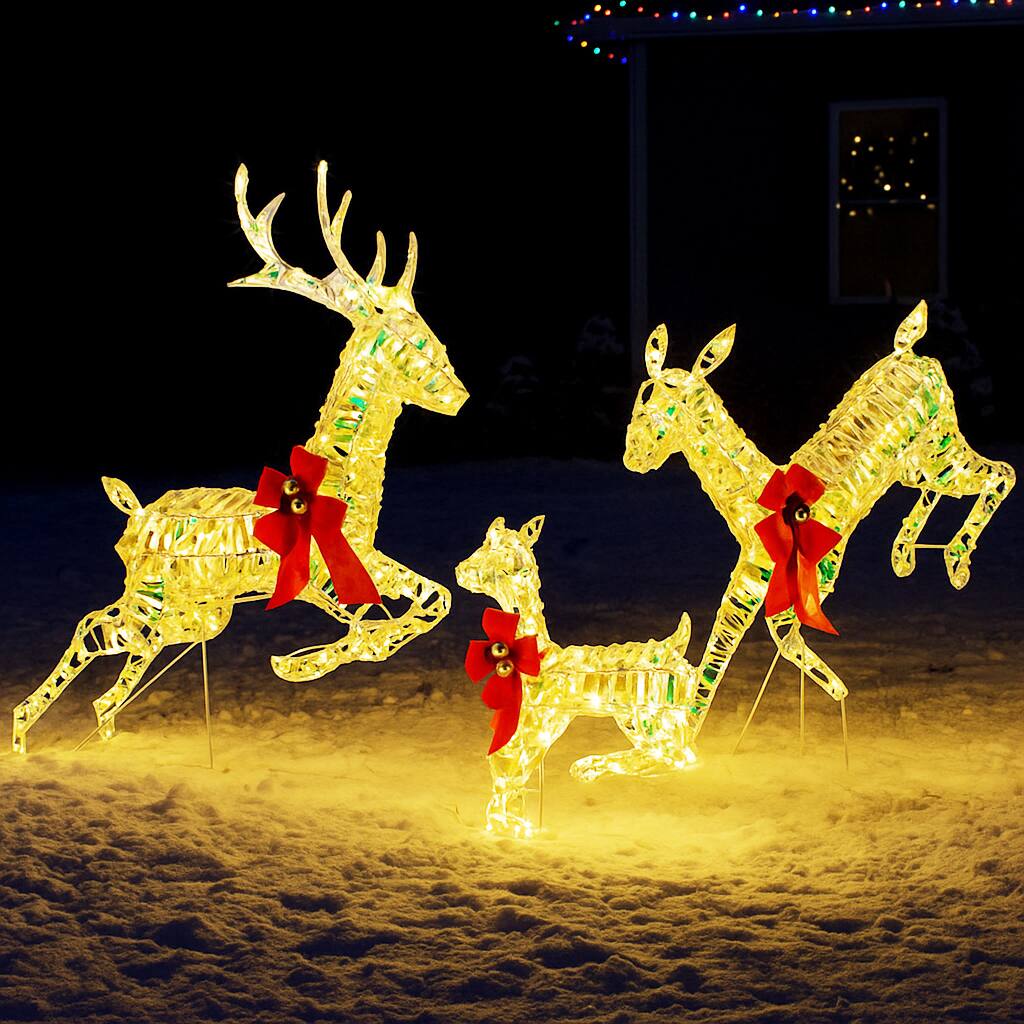 Angle. BreeBe - Christmas Deer Family Set of 3 with LED Lights and Festive Bows - White.