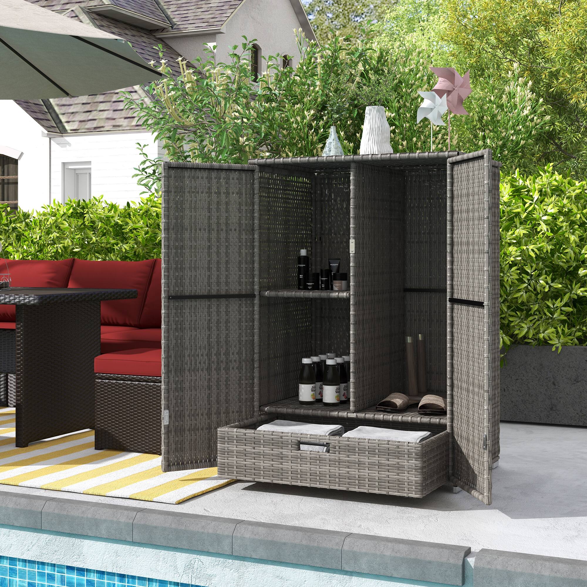 Alt View 1. Outsunny - Wicker Outdoor Storage Cabinet with Shelves, 2-Door Rattan Pool Towel Storage Cabinet with Removable Shelf & Drawer - Dark Gray.