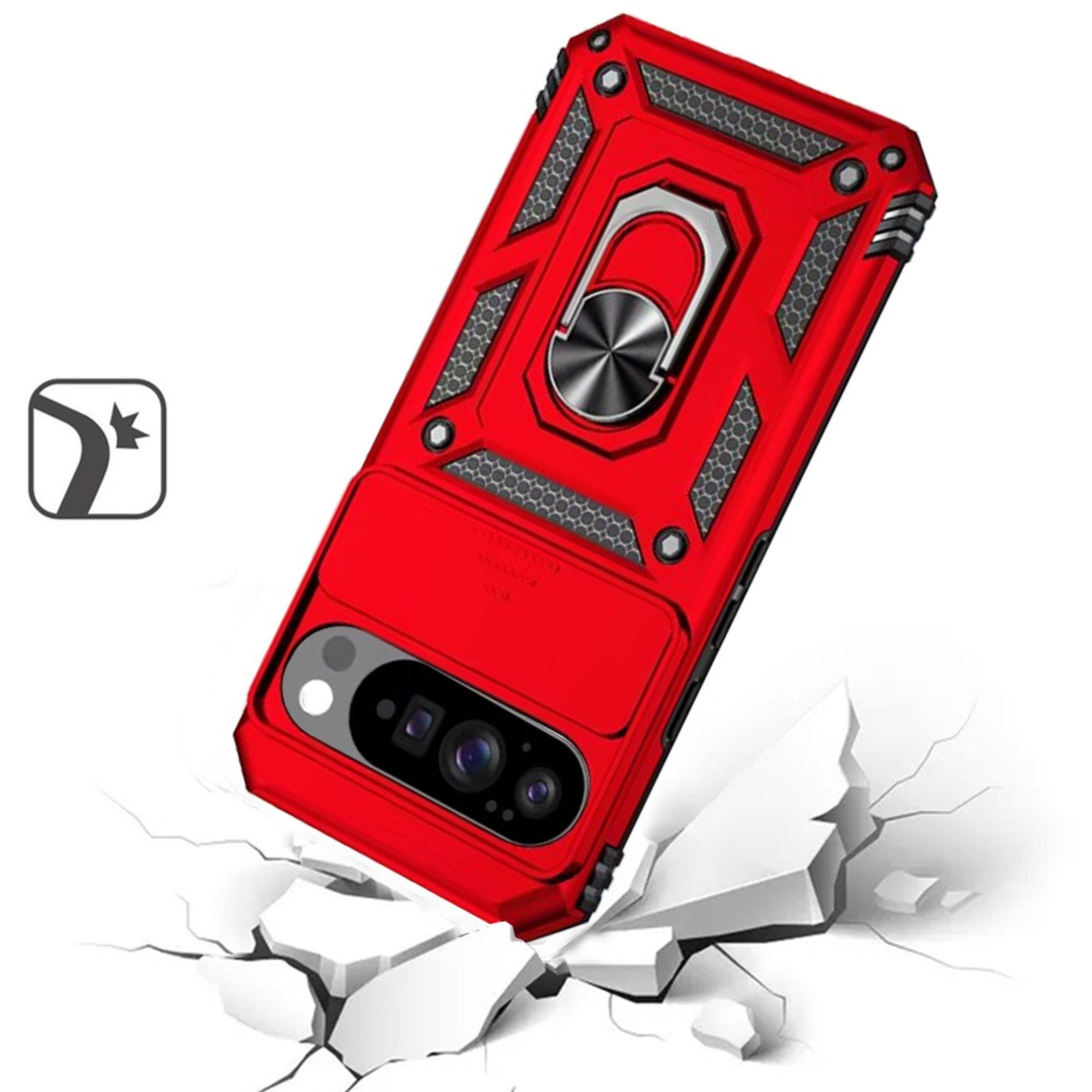 Angle. Kitcheniva - Premium Shockproof Ring Stand Camera Lens Cover With Tempered Glass For Google Pixel 10/10 Pro Red - Red.
