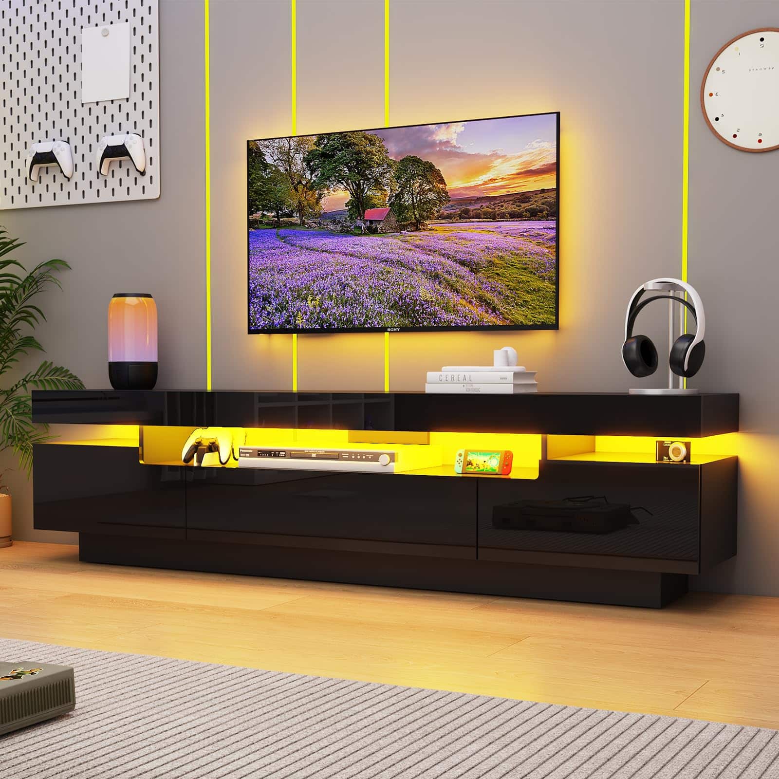 Espafurni - 70" TV Stand for 75 - 80" TVs - Modern LED Storage Drawer, APP - RGB Light - Black