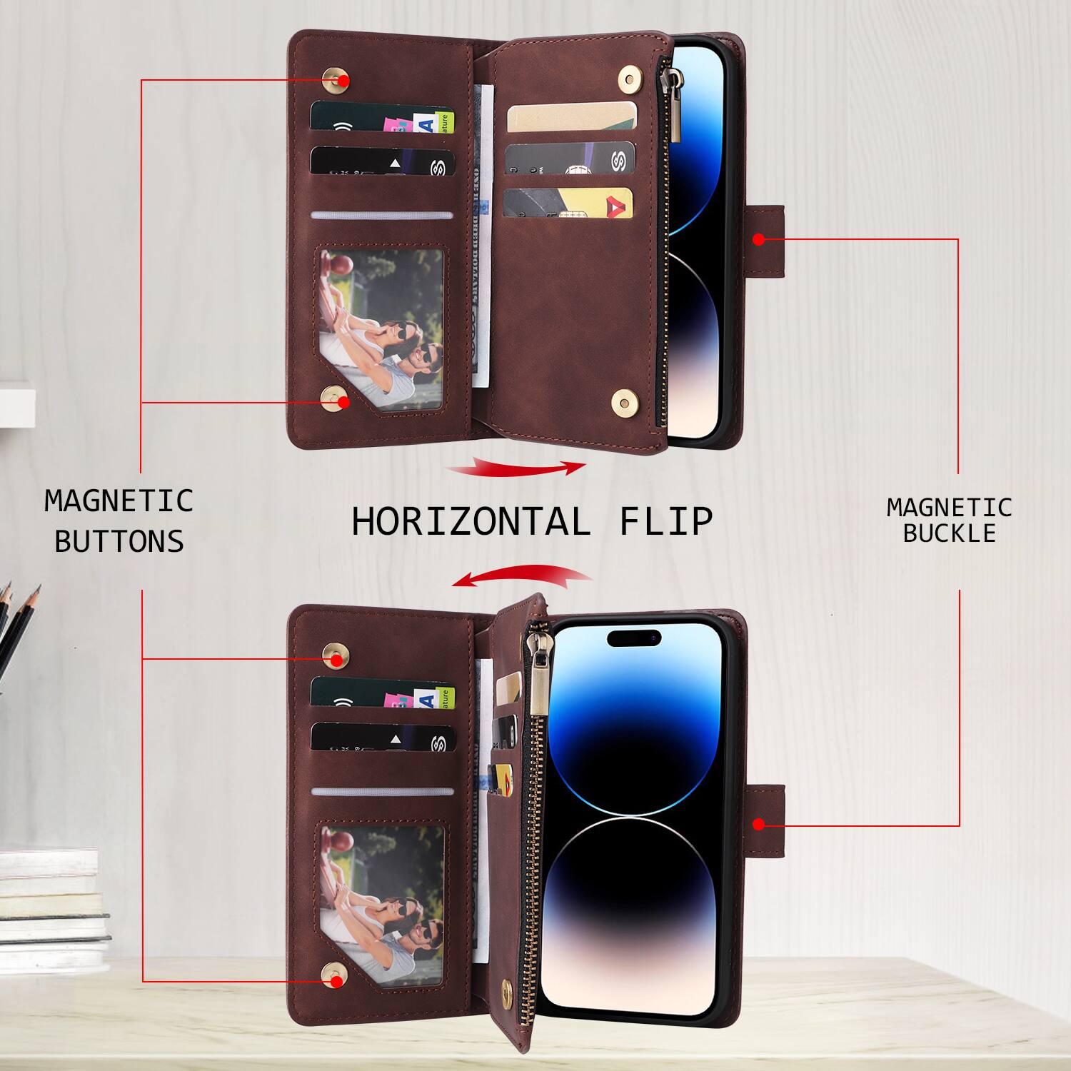 - Magnetic Buttons
- Horizontal Flip
- Magnetic Buckle