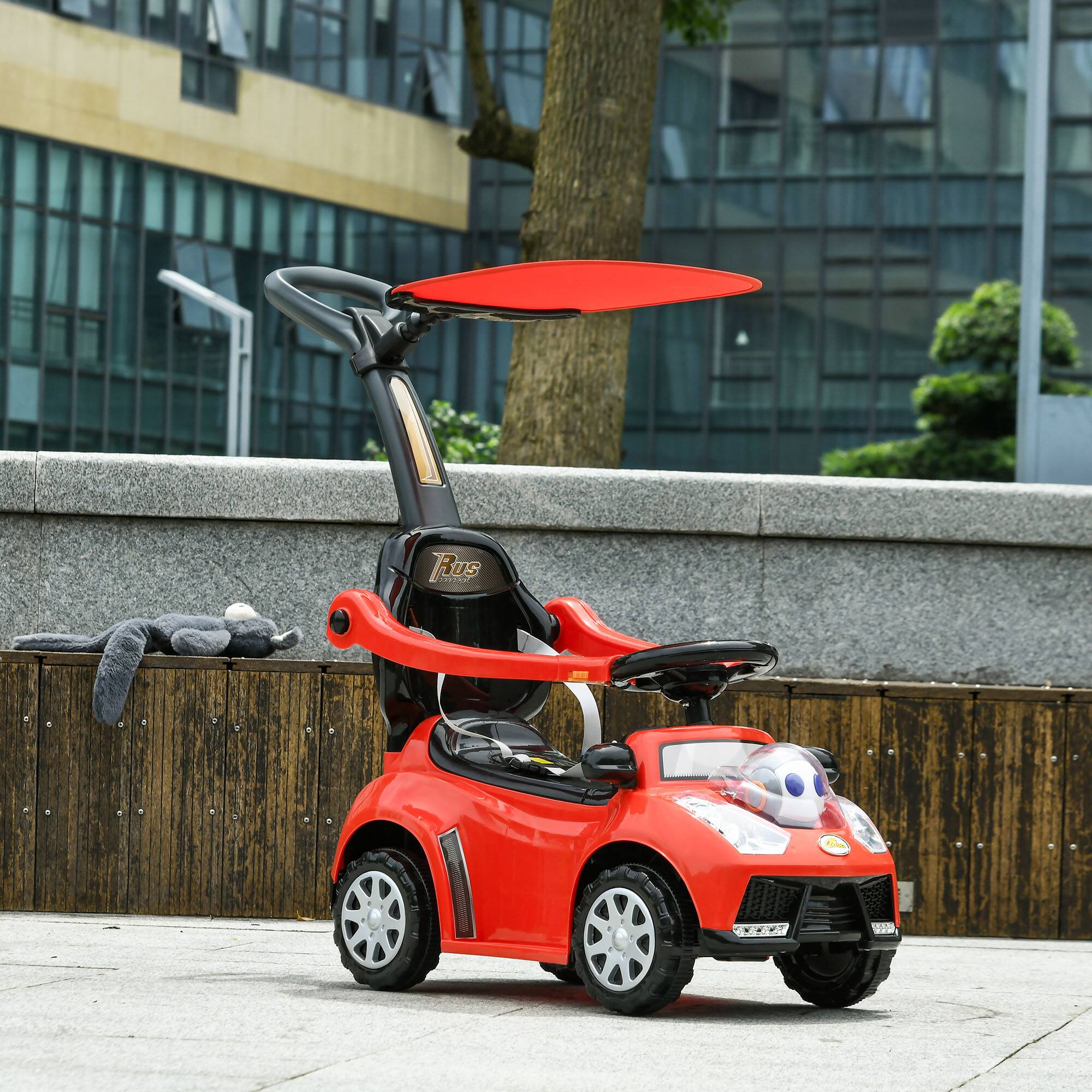 Alt View 5. Ecooso - 3-in-1 Toddler Push Car with Canopy, Music, Horn, and Safety Guardrail for Ages 1–3 - Red.