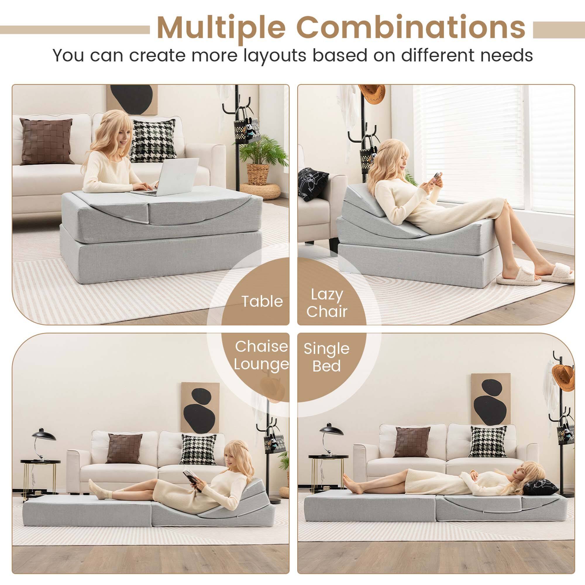 Multiple Combinations  
You can create more layouts based on different needs  

Table  
Lazy Chair  
Chaise Lounge  
Single Bed