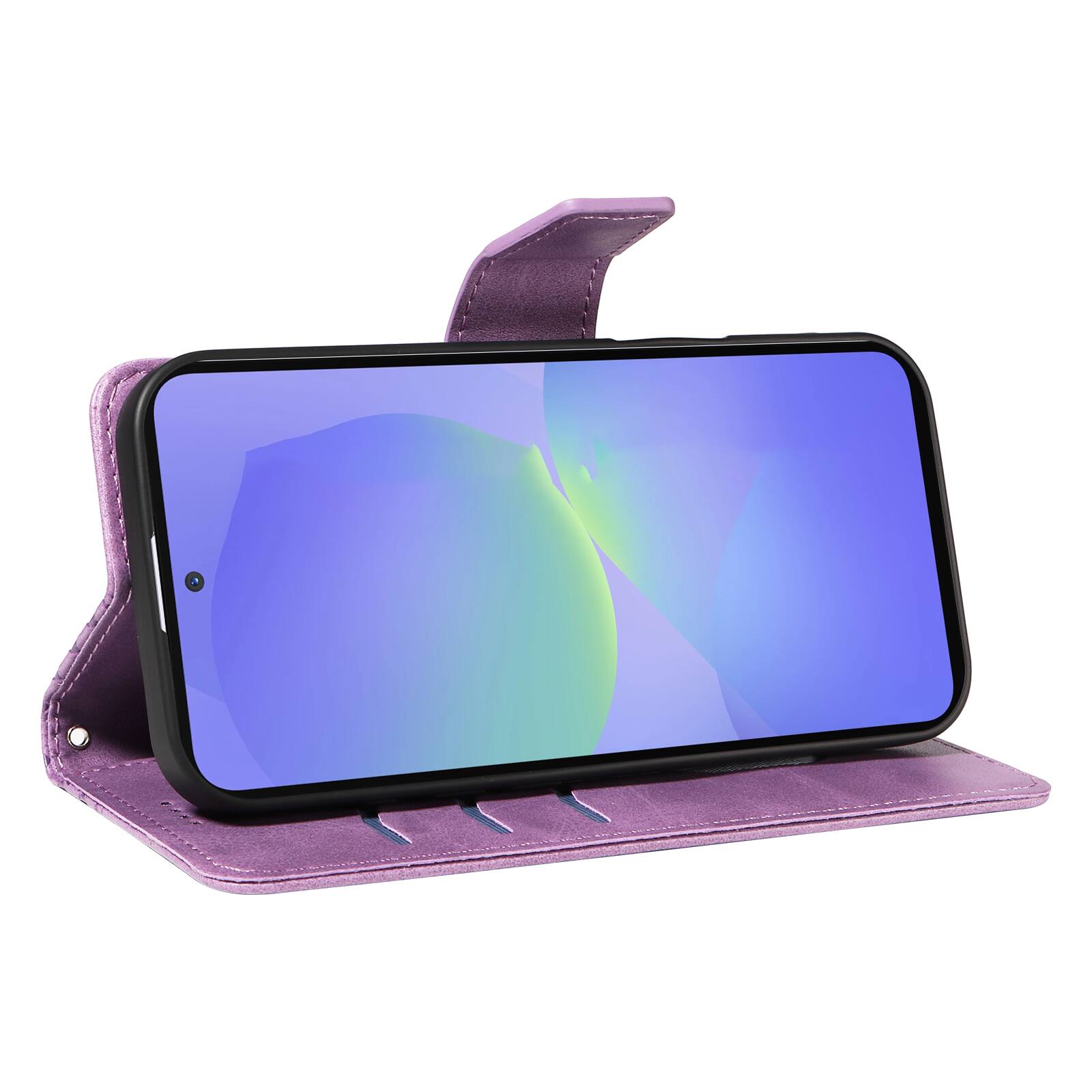 Angle. Dteck - For Samsung Galaxy A17 5G Shockproof Leather Folio Kickstand Card Slots Wallet Case with Strap - Purple.