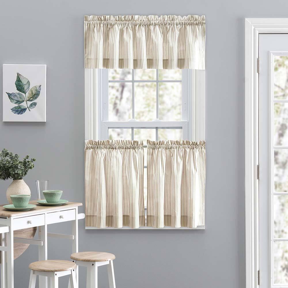 Left. Ellis Curtain - Ellis Curtain Plaza Classic Ticking Stripe Printed 1.5" Rod Pocket Tailored Tiers 56" x 24" Tan - Tan.