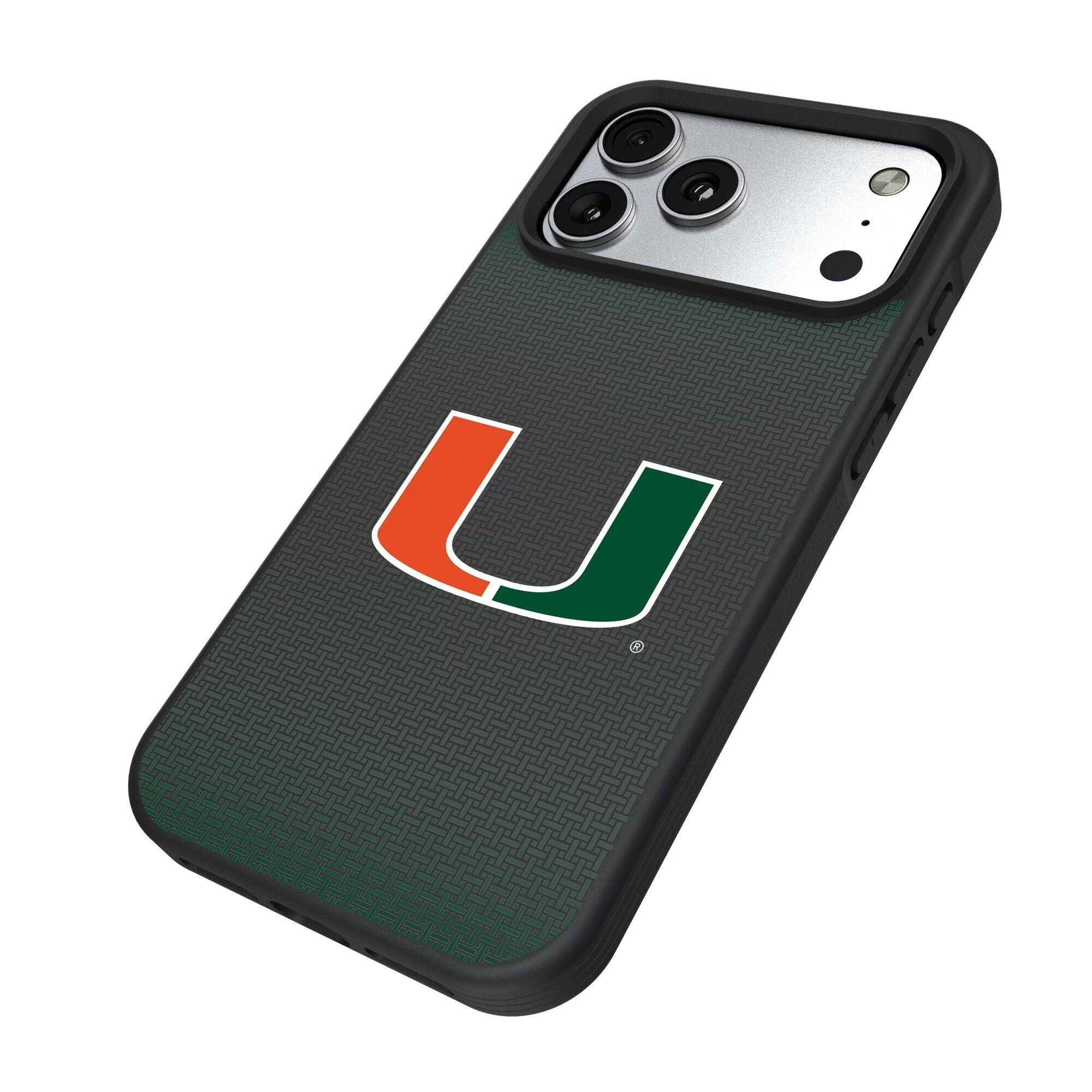 Alt View 1. Keyscaper - Miami Hurricanes Linen Logo iPhone Bump Case - 14 Pro - Black.