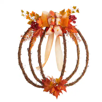 Front. BreeBe - 26" Autumn Pumpkin Artificial Vine Fall Wreath - Green.