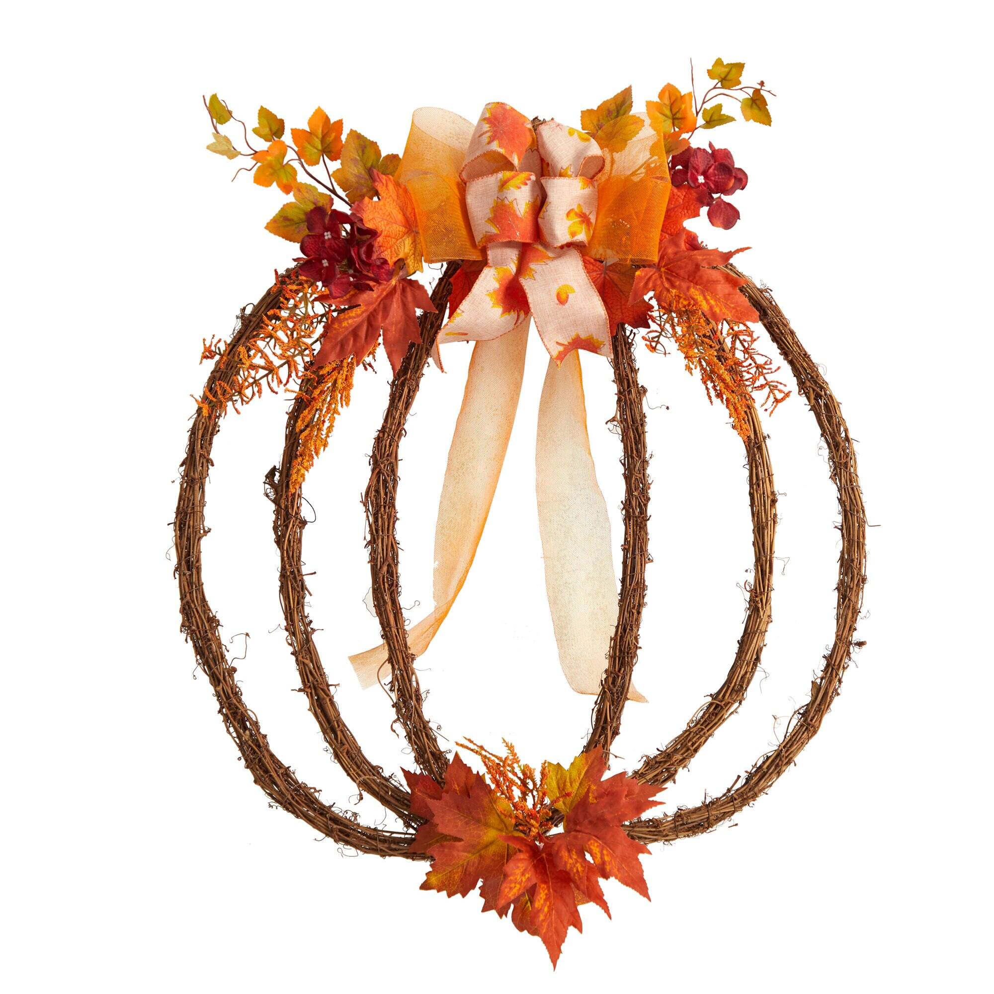 Front. BreeBe - 26" Autumn Pumpkin Artificial Vine Fall Wreath - Green.