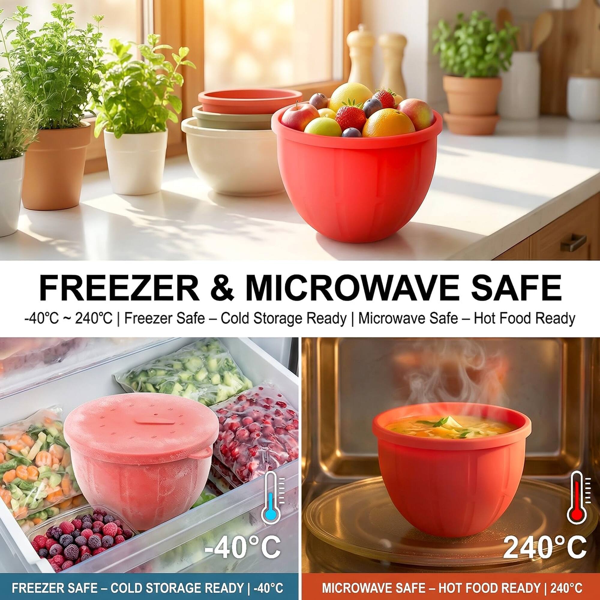 FREEZER & MICROWAVE SAFE  
-40°C ~ 240°C  
Freezer Safe - Cold Storage Ready  
Microwave Safe - Hot Food Ready  

FREEZER SAFE - COLD STORAGE READY | -40°C  
MICROWAVE SAFE - HOT FOOD READY | 240°C