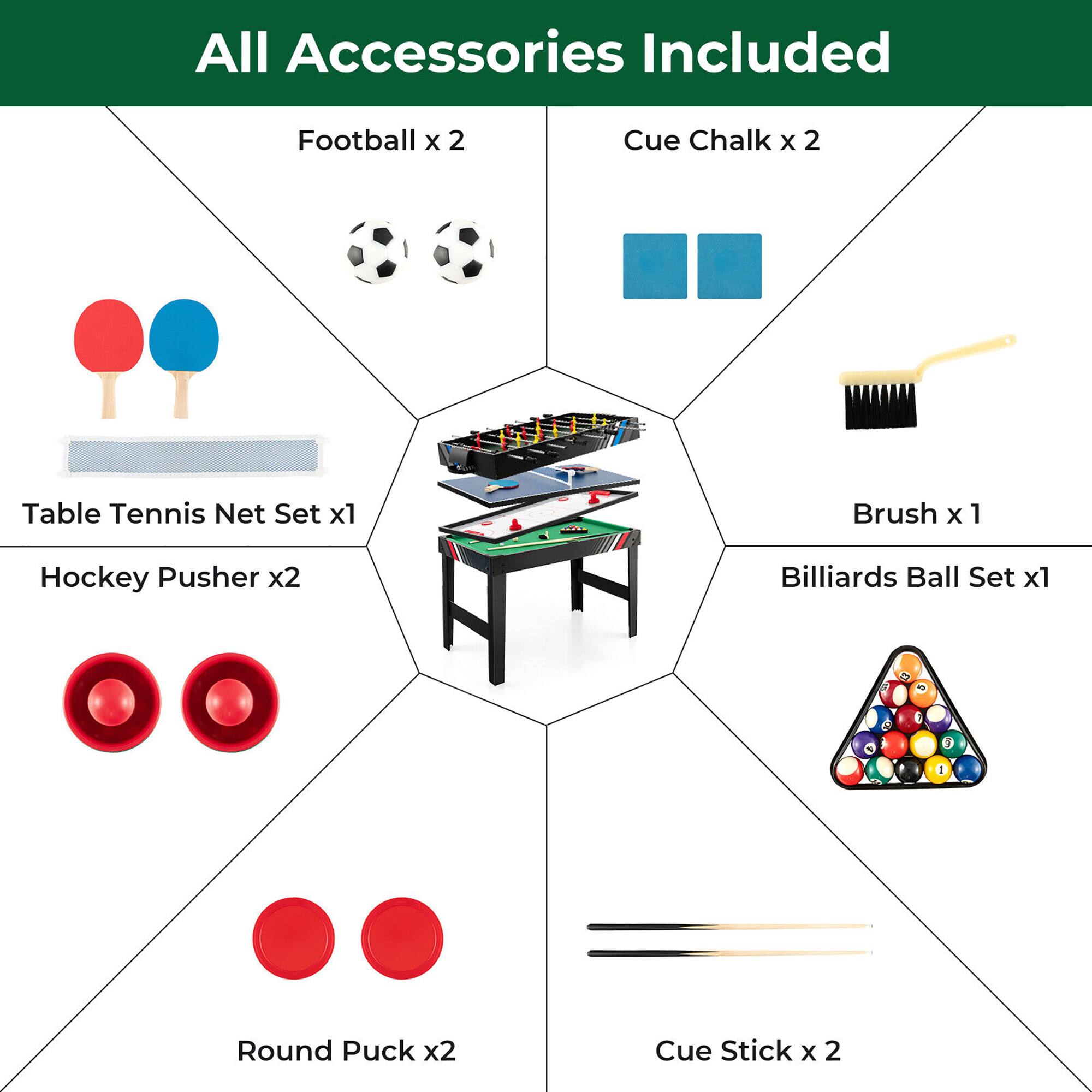 All Accessories Included

- Football x 2
- Cue Chalk x 2
- Table Tennis Net Set x1
- Brush x 1
- Hockey Pusher x2
- Billiards Ball Set x1
- Round Puck x2
- Cue Stick x 2