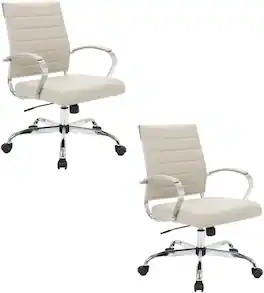 LeisureMod - Set of 2 - Benmar Modern Leather Office Desk Chair with Ribbed Seat and Steel Frame Computer Chair - Tan