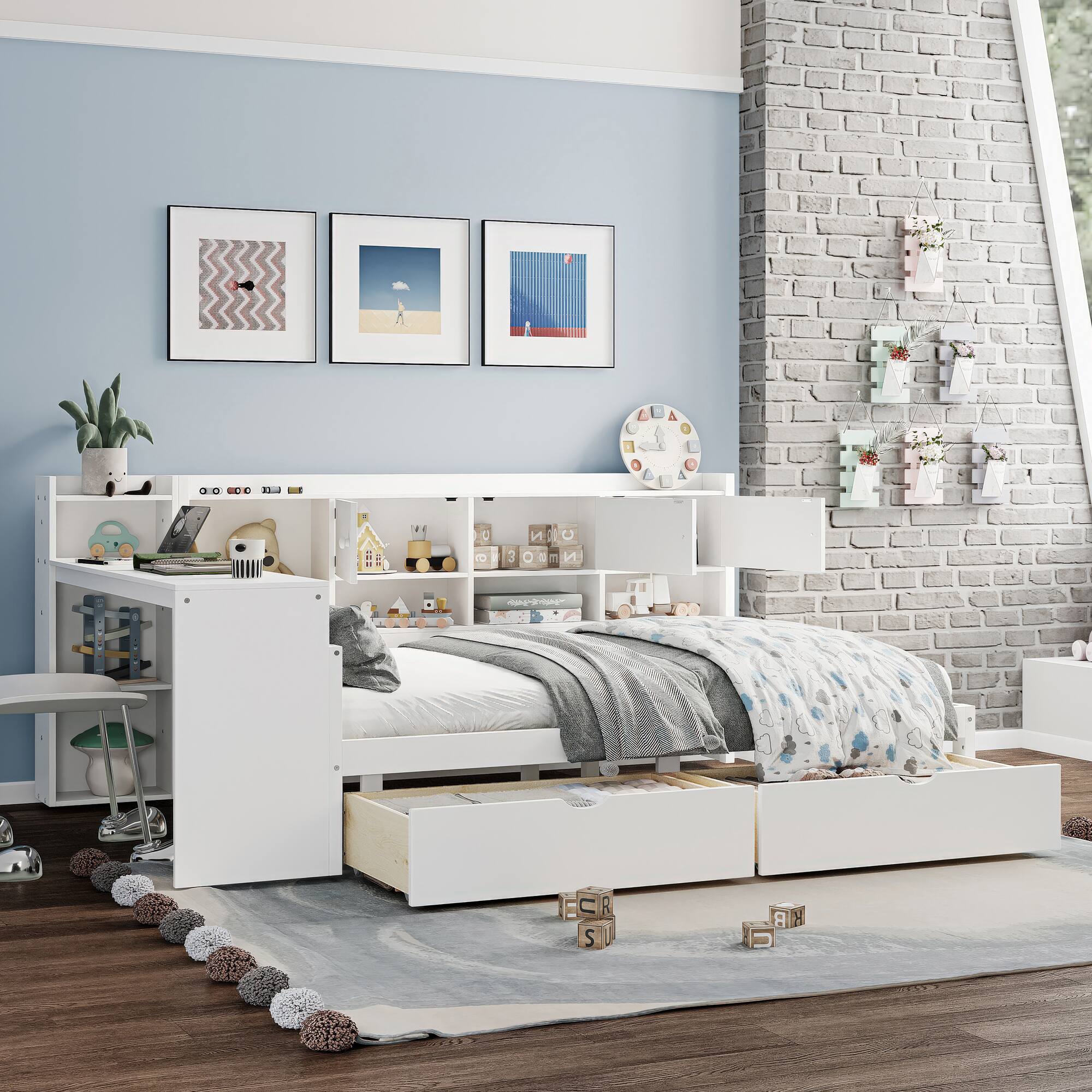 Angle. Tiramisubest - Wooden L-Shape Daybed with Storage Cabinets and Drawers, Multi-functional Bed with Study Desk and Built-in Bookshelf - White.