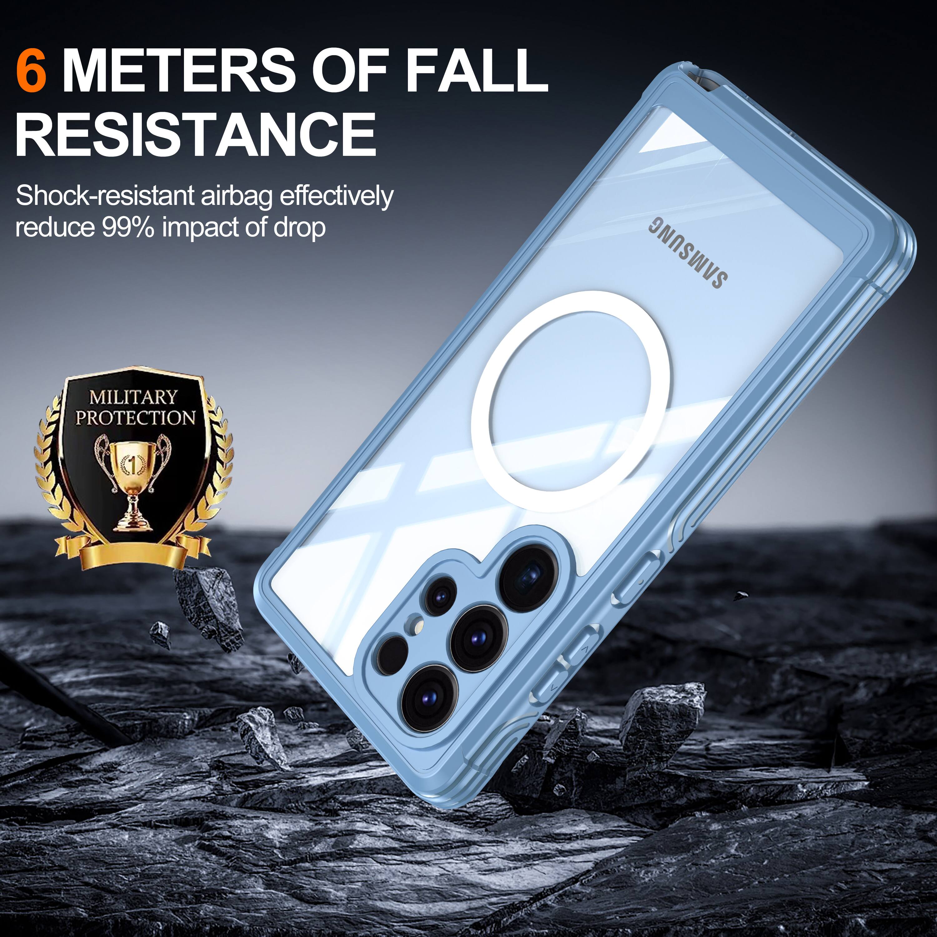 6 METERS OF FALL RESISTANCE  
Shock-resistant airbag effectively reduce 99% impact of drop  
SAMSUNG MILITARY PROTECTION