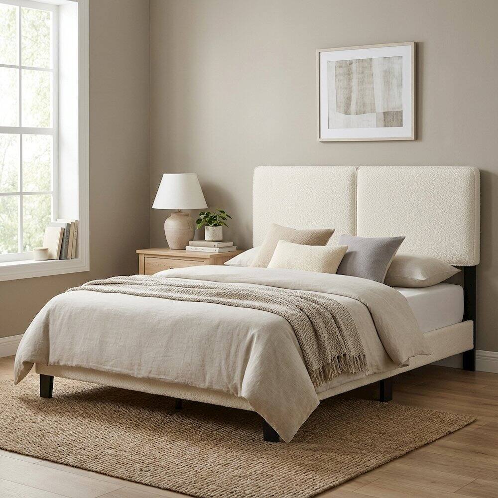 Left. FurniFact - Boucle Fabric Queen Headboard in Neutral Tone, Plush Upholstery, Sturdy Frame - Beige.