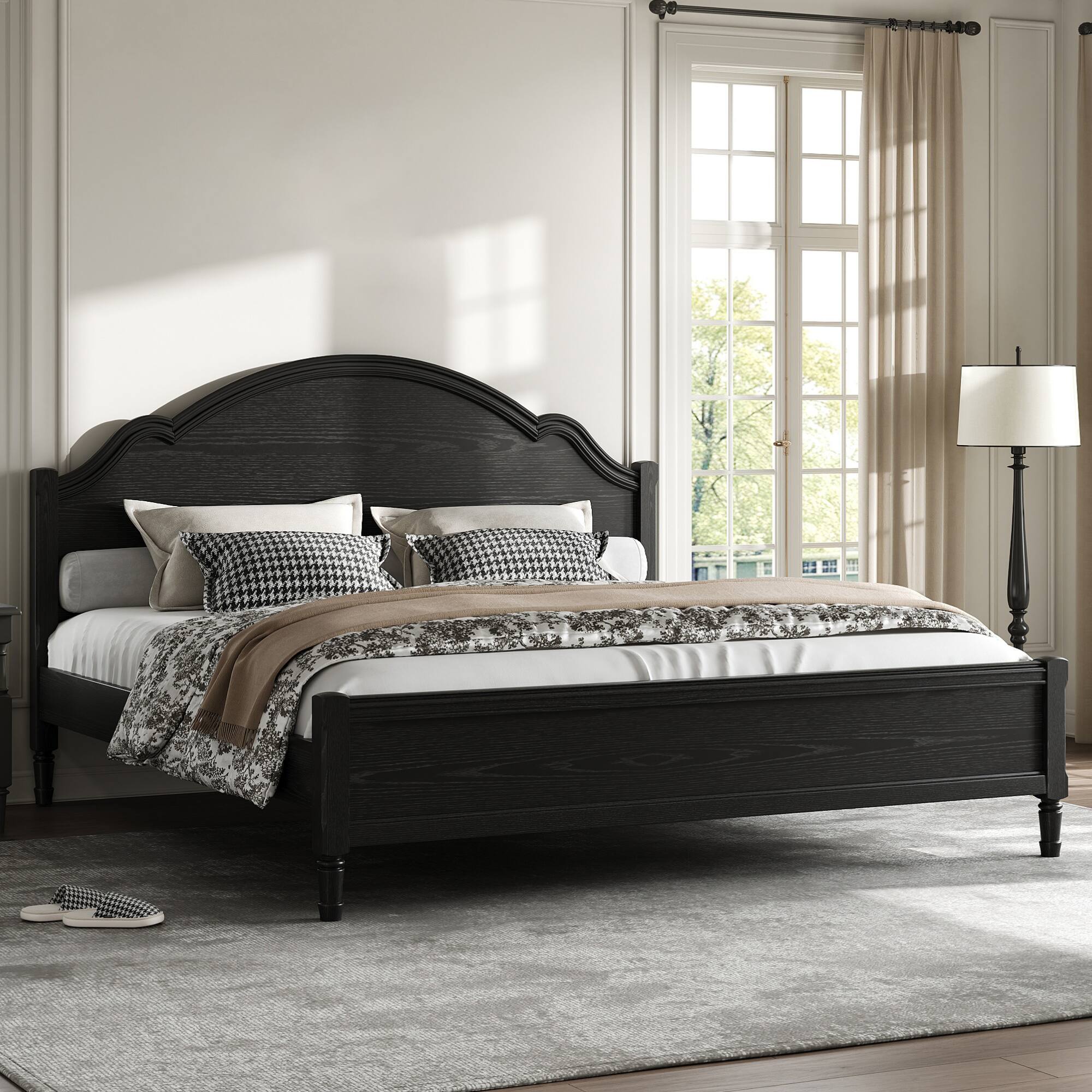 Whisen - King Size Platform Bed Frame with Arched Headboard and Footboard for Bedroom Furniture, No Box Spring Needed - Black