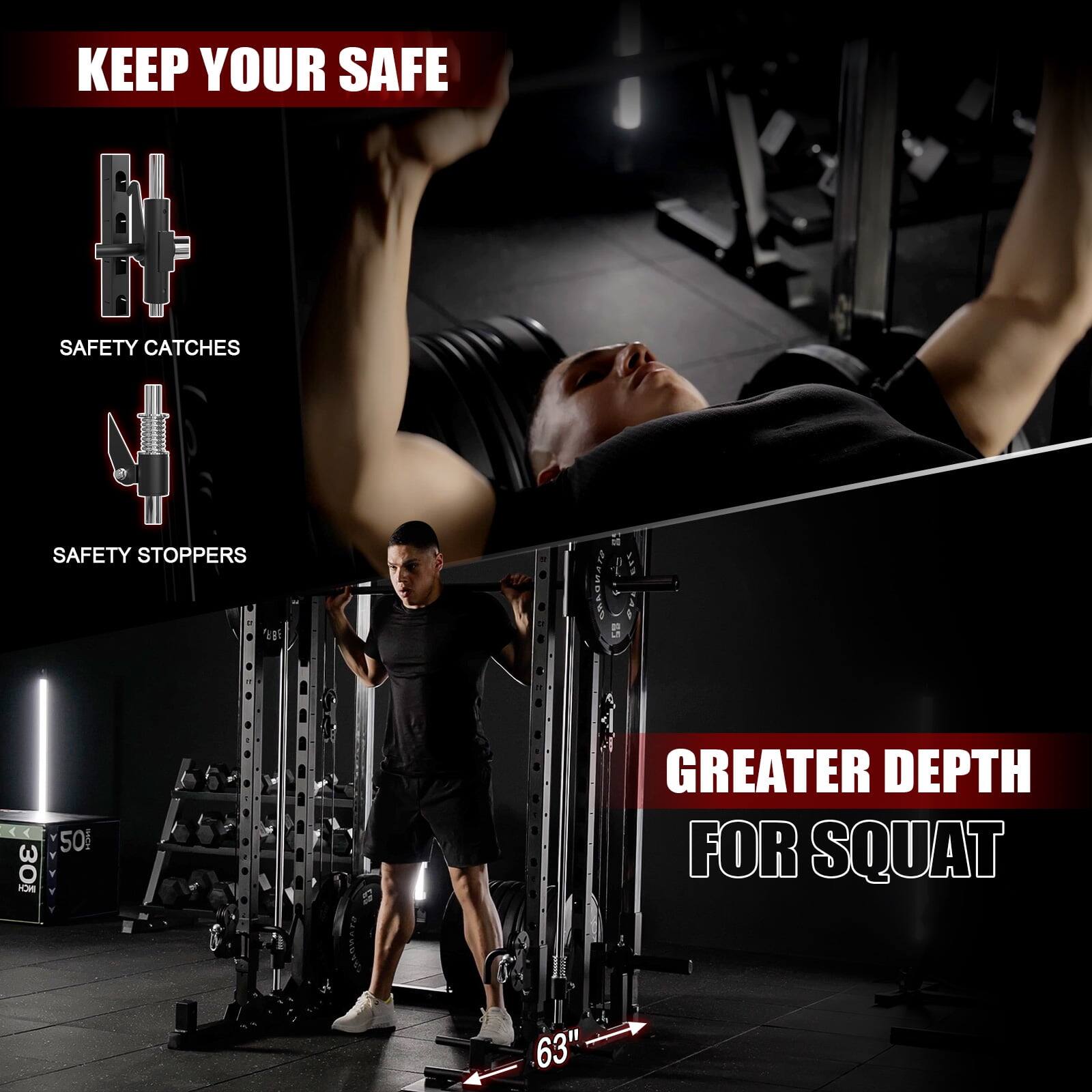 KEEP YOUR SAFE, SAFETY CATCHES, SAFETY STOPPERS, GREATER DEPTH FOR SQUAT, 63"