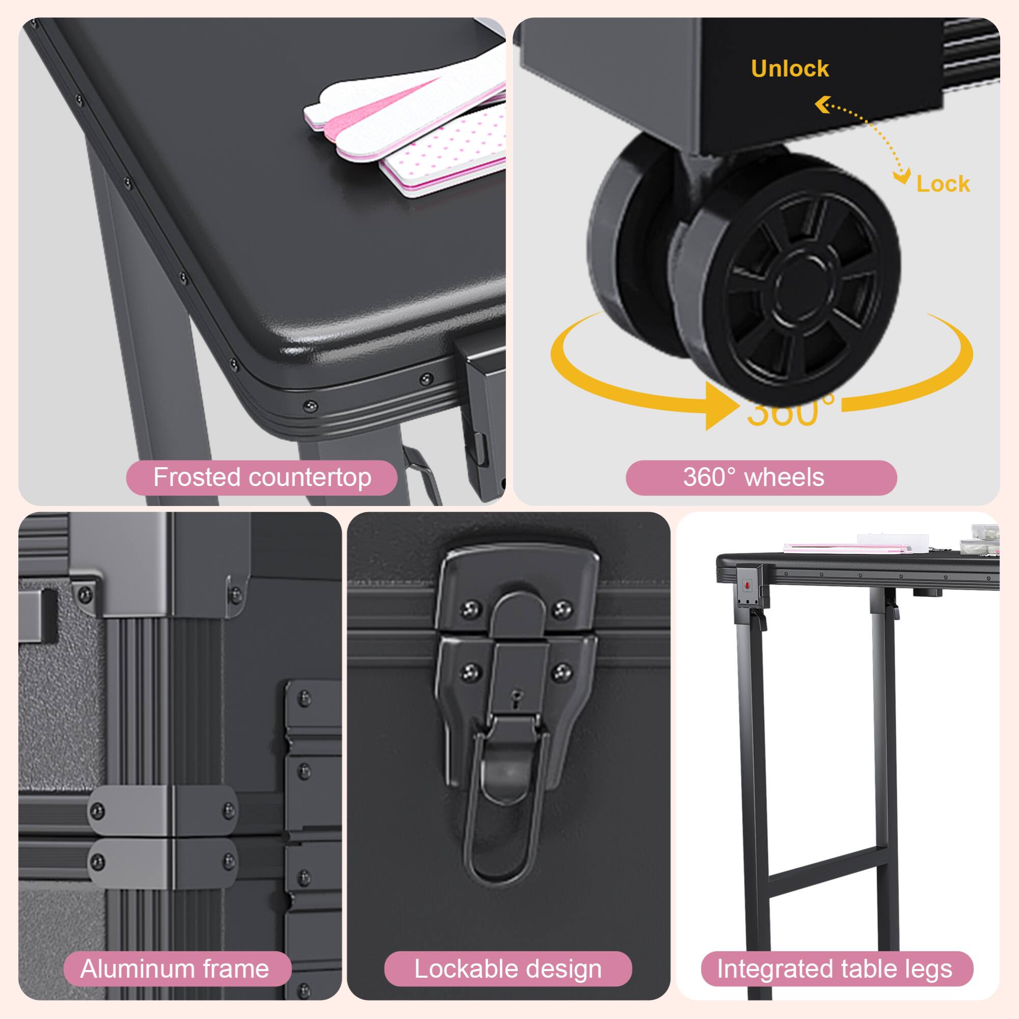 - Frosted countertop
- 360° wheels
- Aluminum frame
- Lockable design
- Integrated table legs