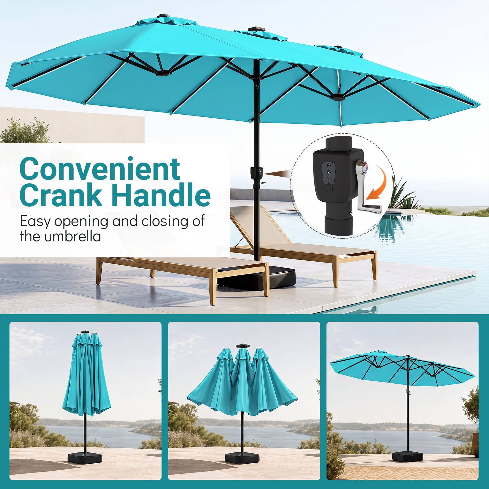 Convenient Crank Handle  
Easy opening and closing of the umbrella