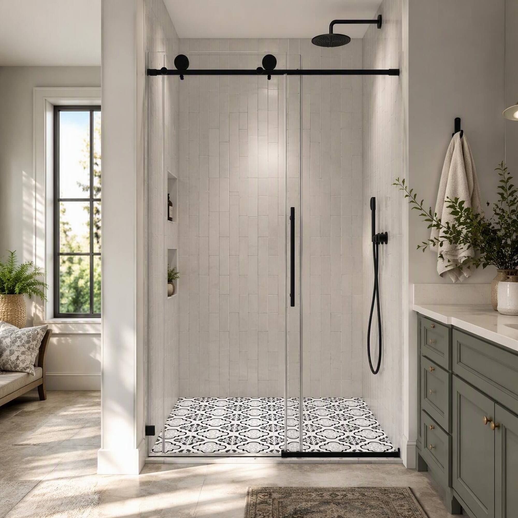 Angle. RYHNUYNE - Black Frameless Shower Door With 70mm Steel Pulleys, Soft Close And Nano Easy Clean - Matte Black.