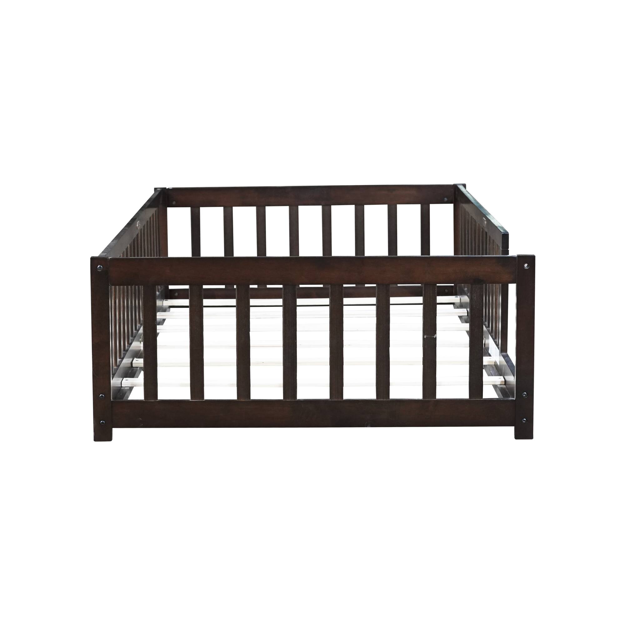 Alt View 9. GOODSILO - Twin Size Floor Bed with Safety Fence for Kids, Sturdy Rubber Wood Construction, Easy Assembly - Espresso.