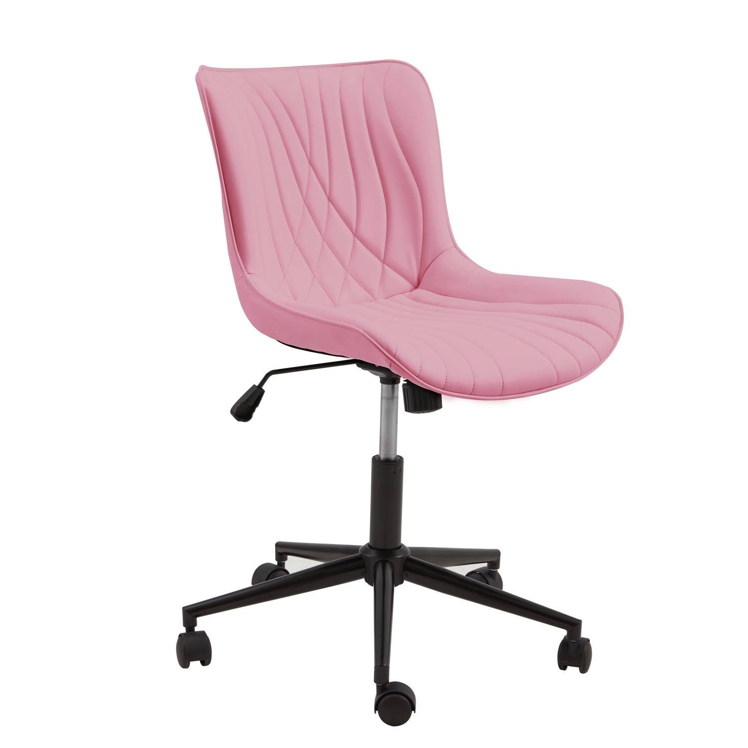 Alt View 4. U-HOMY - Armless Office Chair with Wheels, Adjustable Swivel Vanity Desk Chair, Faux Leather Ergonomic Rocking Computer Chair - Pink.