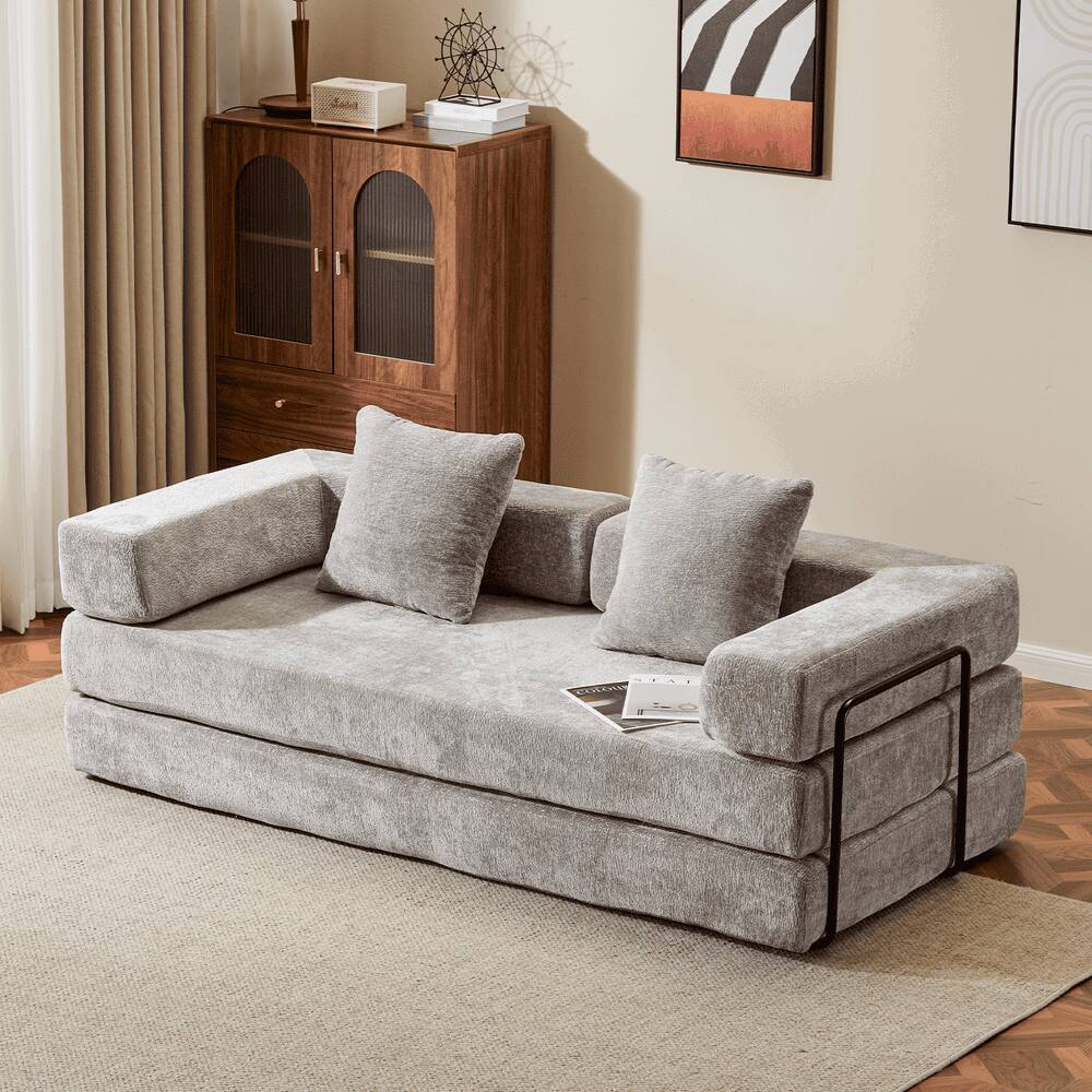 Angle. Kadyn - Floor Couch Bed, Convertible Chenille Fabric Sofa with Pillow Back Support, Compression Lounge Sleeper, Light Gray - Gray.