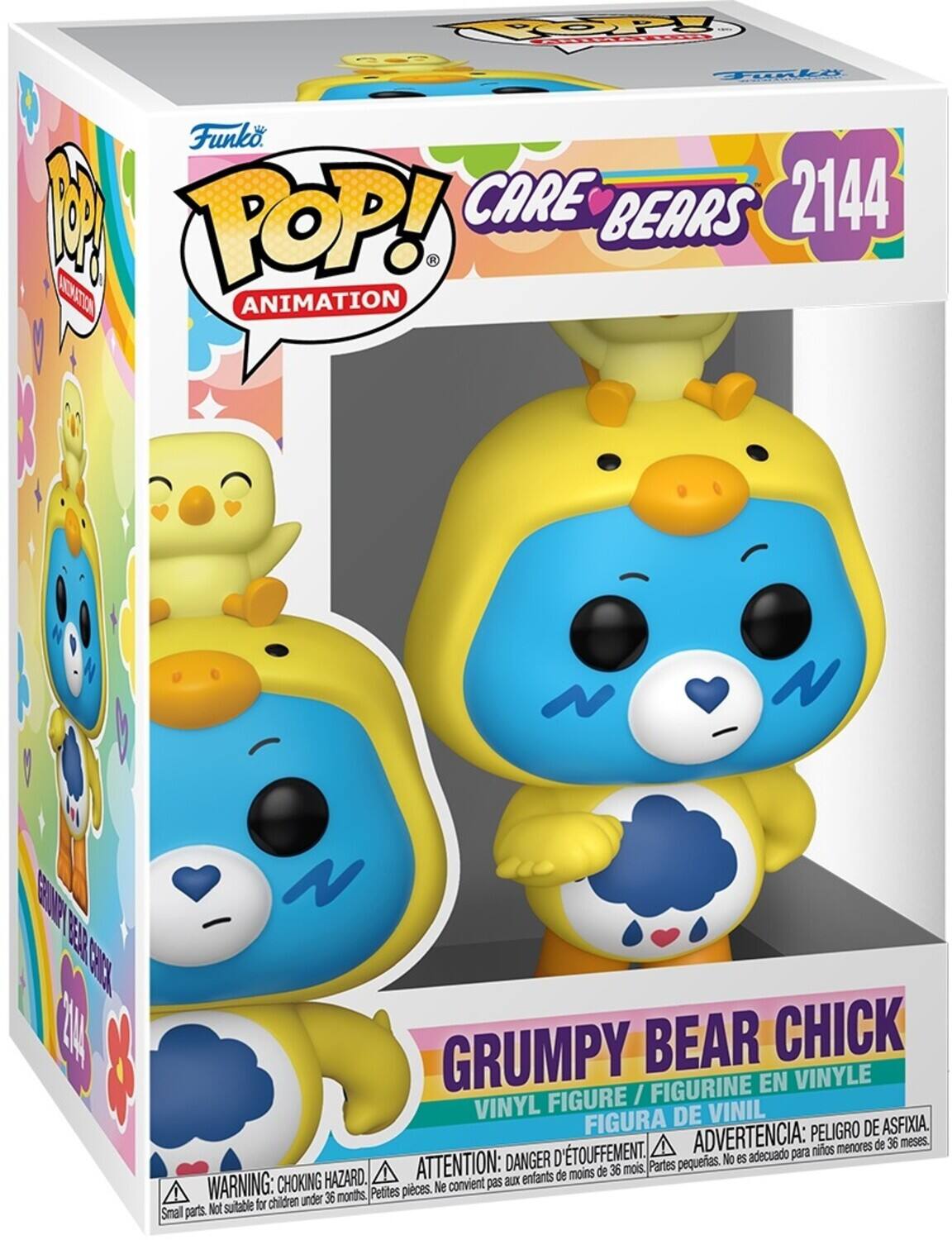 Sure, here is the corrected and grouped text from the image:

---

**Funko POP! ANIMATION**

**CARE BEARS 2144**

**GRUMPY BEAR CHICK**

**VINYL FIGURE / FIGURINE EN VINYLE / FIGURA DE VINIL**

**ADVERTENCIA: PELIGRO DE ASFIXIA. No es adecuado para niños menores de 36 meses.**

**ATTENTION: DANGER D'ÉTOUFFEMENT. Ne convient pas aux enfants de moins de 36 mois.**

**WARNING: CHOKING HAZARD. Small parts. Not suitable for children under 36 months.**

---

This text is organized to reflect the information on the packaging of the Funko Pop! figure.