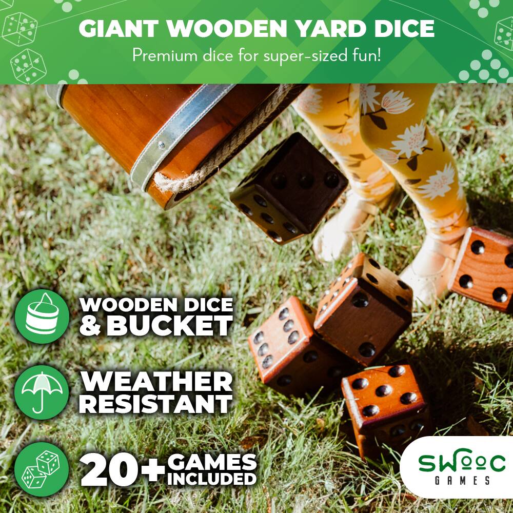 GIANT WOODEN YARD DICE  
Premium dice for super-sized fun!  

WOODEN DICE & BUCKET  
WEATHER RESISTANT  
20+ GAMES INCLUDED  

SWC GAMES