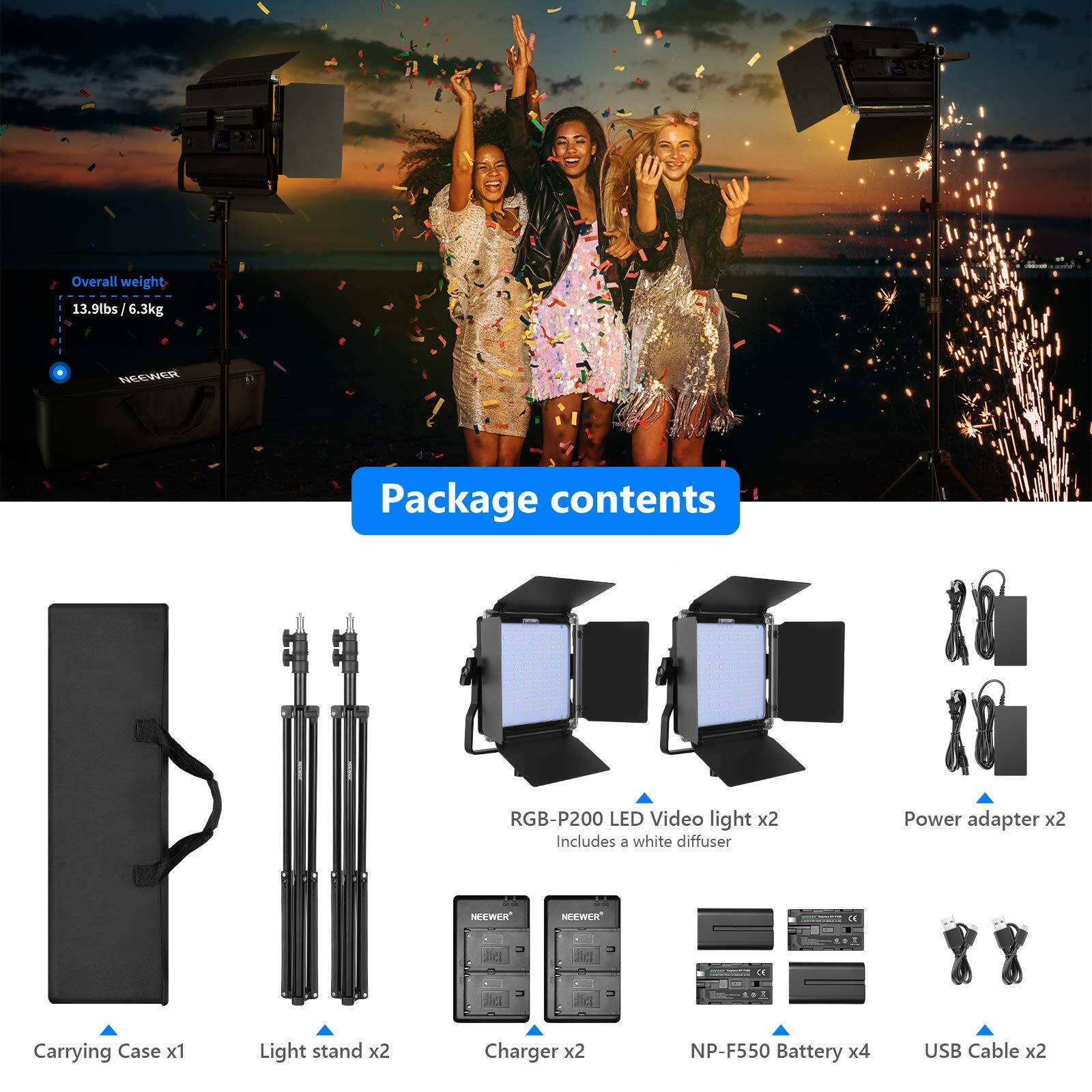 Overall weight: 13.9lbs / 6.3kg

Package contents:
- RGB-P200 LED Video light x2 (Includes a white diffuser)
- Power adapter x2
- Carrying Case x1
- Light stand x2
- Charger x2
- NP-F550 Battery x4
- USB Cable x2
