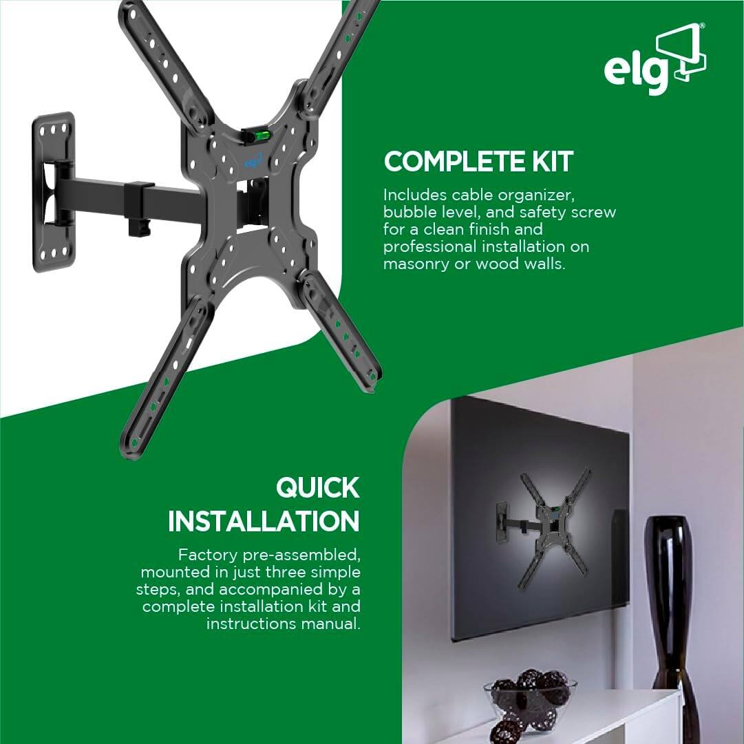 **COMPLETE KIT**  
Includes cable organizer, bubble level, and safety screw for a clean finish and professional installation on masonry or wood walls.

**QUICK INSTALLATION**  
Factory pre-assembled, mounted in just three simple steps, and accompanied by a complete installation kit and instructions manual.