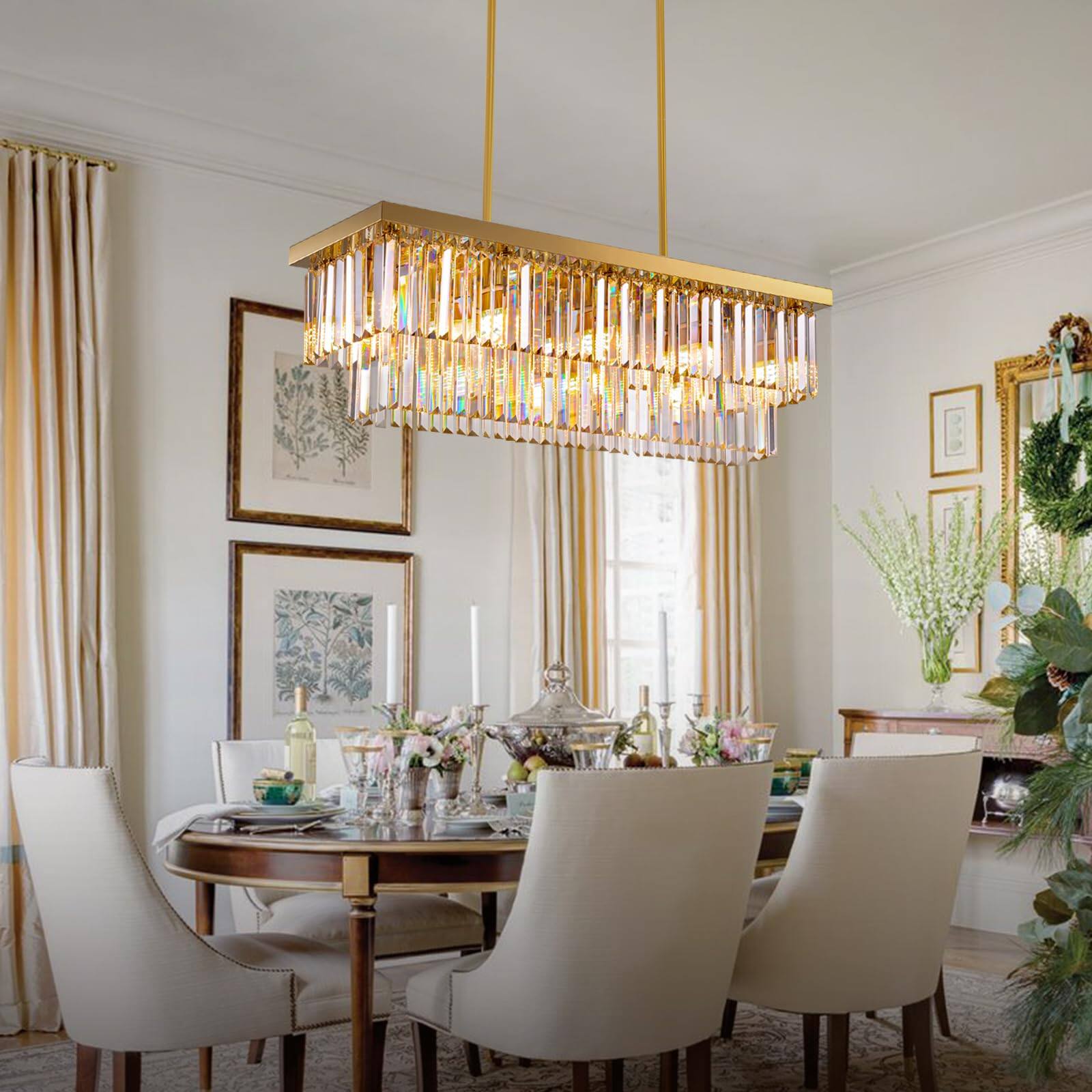 Left. Siljoy - 10-Light Gold Crystal Raindrop Chandelier, 2-Tier for Dining/Kitchen - Gold.