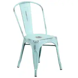 Emma + Oliver - Commercial Grade Distressed Colorful Metal Indoor-Outdoor Stackable Chair - Green-Blue