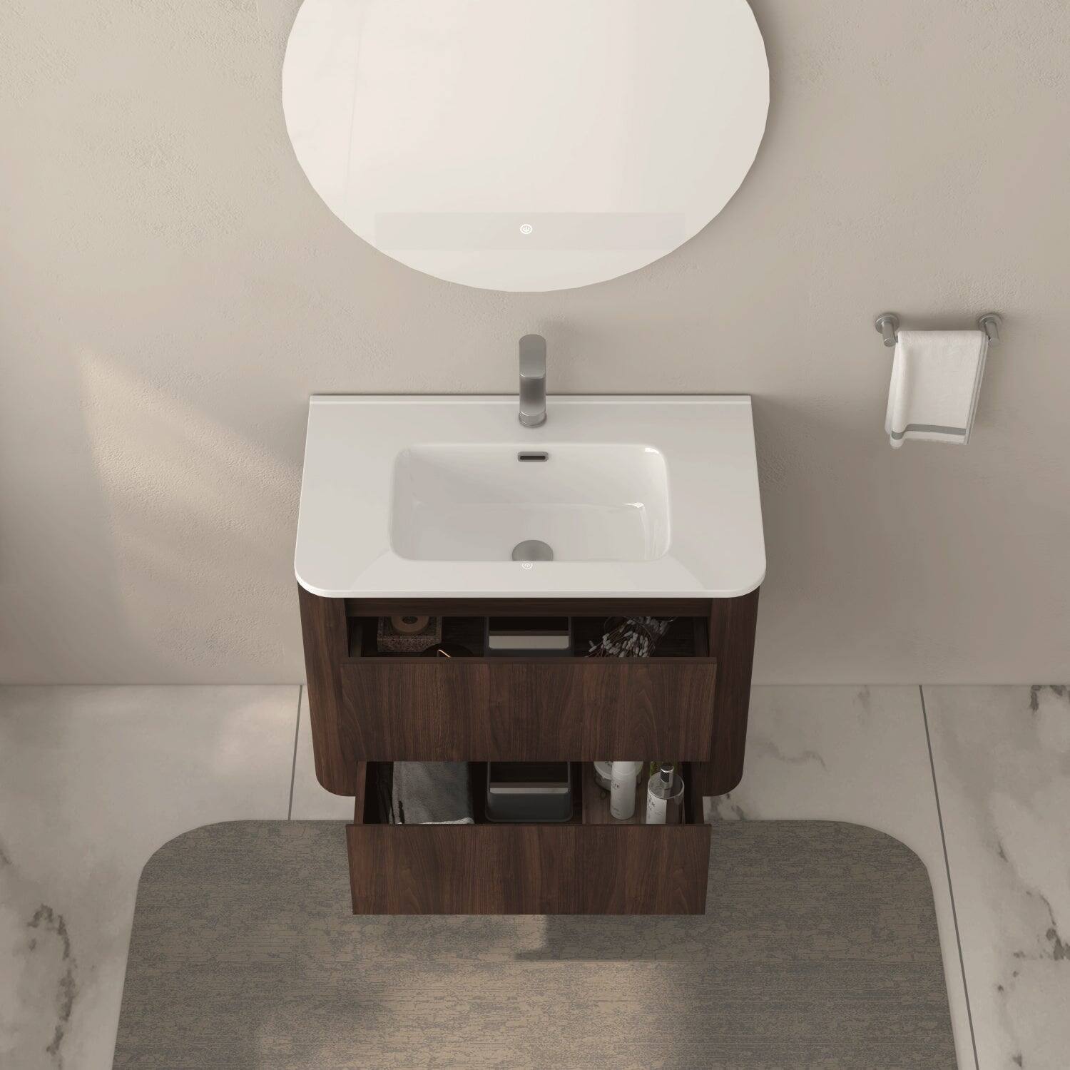 Alt View 6. Boyel Living - 30 in Wall-Mounted Bathroom Vanity with Sink Dark Walnut Cabinet 2 Soft-Close Drawers Ceramic Integrated Basin - Dark Walnut.