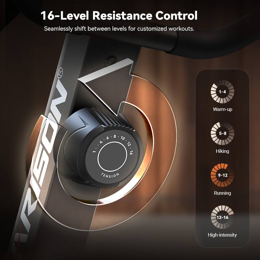 16-Level Resistance Control  
Seamlessly shift between levels for customized workouts.

1-4 Warm-up  
5-8 Hiking  
9-12 Running  
13-16 High-intensity