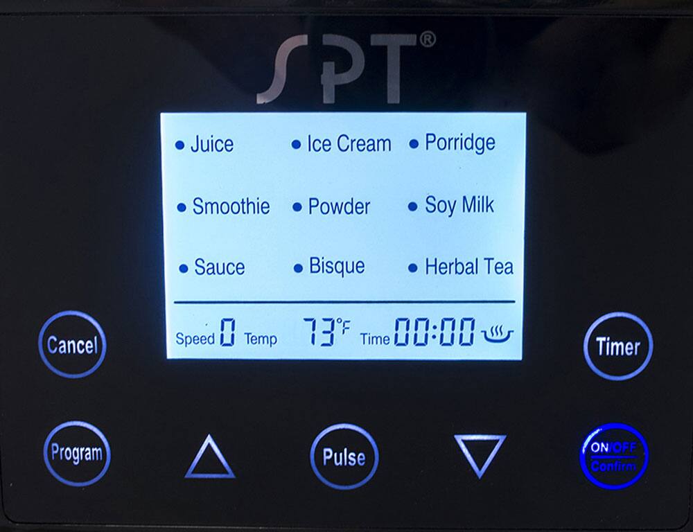 - Juice
- Smoothie
- Sauce
- Ice Cream
- Powder
- Bisque
- Porridge
- Soy Milk
- Herbal Tea

Speed: 0  
Temp: 73°F  
Time: 00:00

Buttons:
- Cancel
- Program
- Pulse
- Timer
- ON/OFF Confirm