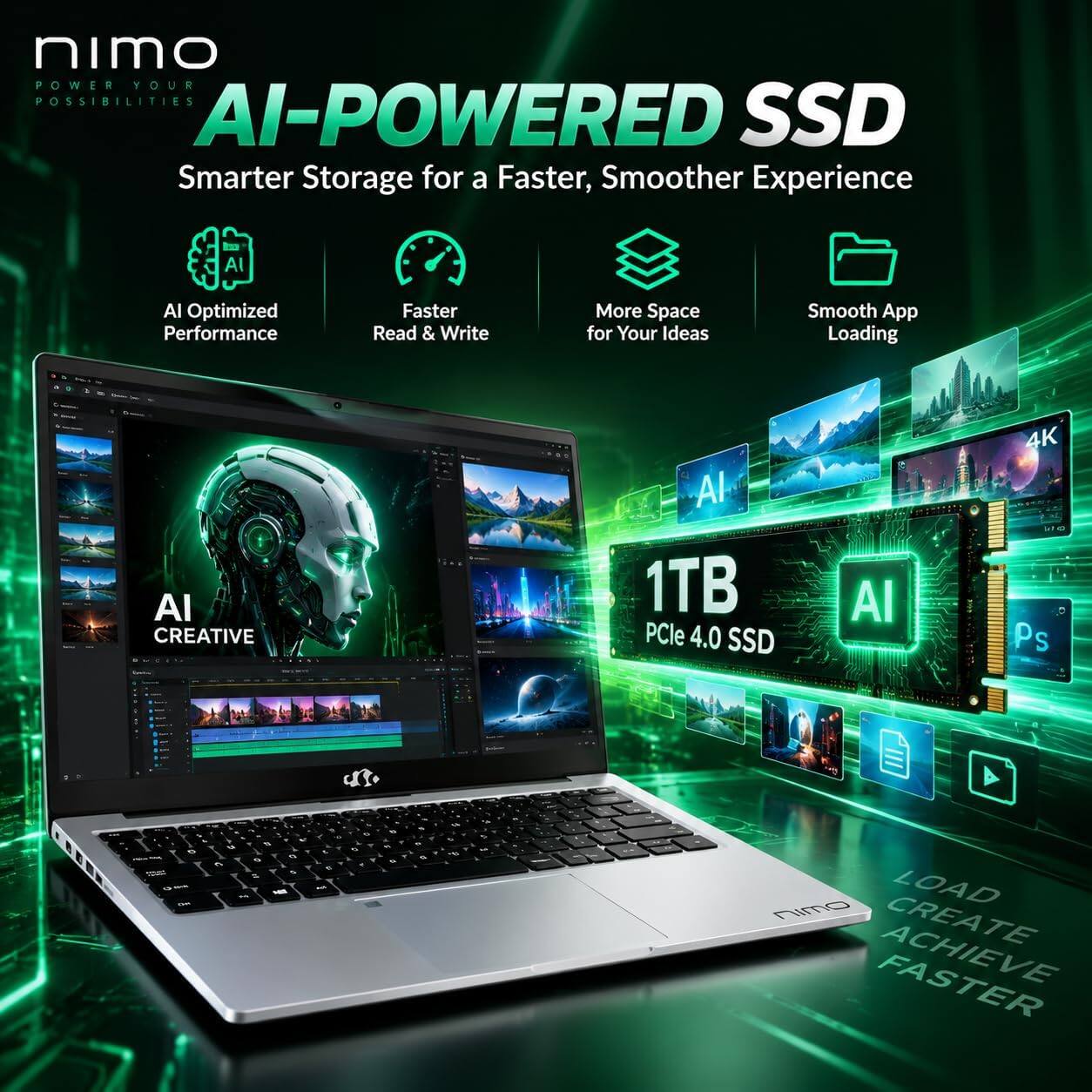 nimo POWER YOUR POSSIBILITIES  
AI-POWERED SSD  
Smarter Storage for a Faster, Smoother Experience  

AI Optimized Performance  
Faster Read & Write  
More Space for Your Ideas  
Smooth App Loading  

AI CREATIVE  
1TB PCIe 4.0 SSD  

4K 50 Ps  

LOAD CREATE ACHIEVE FASTER