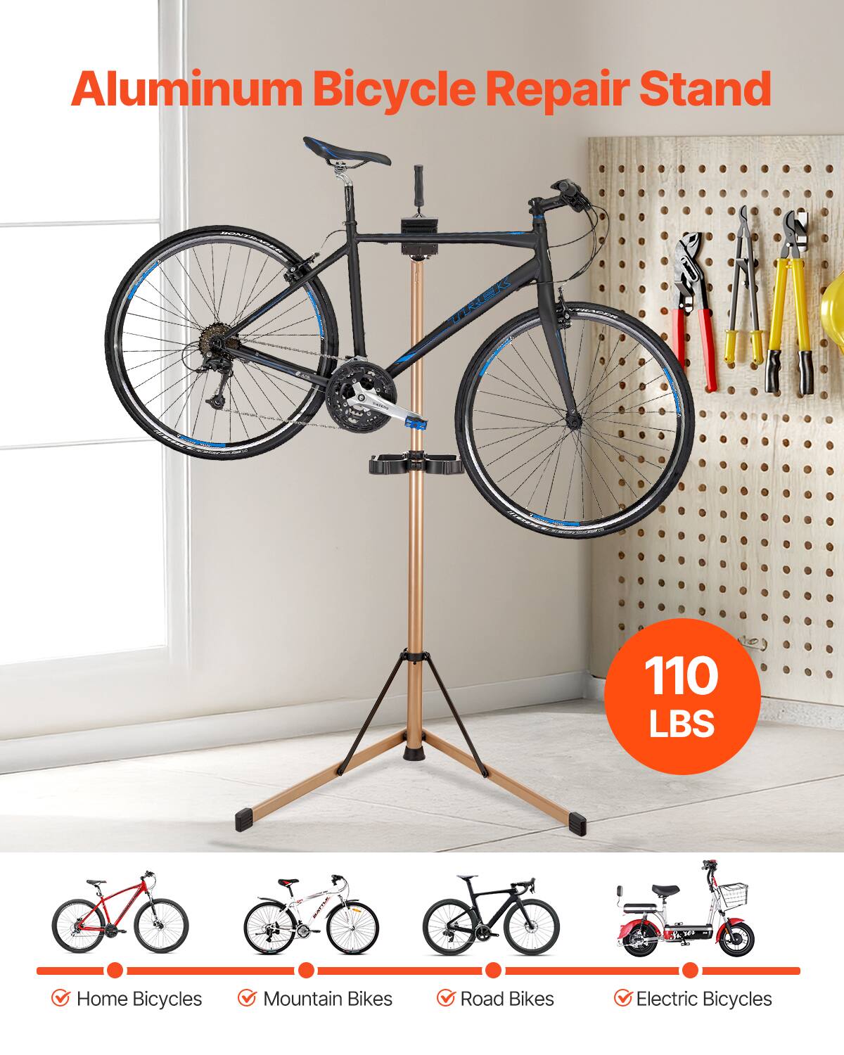Aluminum Bicycle Repair Stand  
110 LBS  
Home Bicycles  
Mountain Bikes  
Road Bikes  
Electric Bicycles